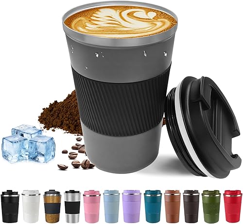 Miniatura 15 de Taza de café de viaje de acero inoxidable con aislamiento al vacío, taza de café reutilizable a prueba de fugas con tapa, mantiene las bebidas