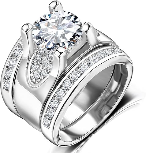 Miniatura 4 de Juego de 3 piezas de anillos de boda de compromiso de circonita cúbica de corte redondo de 5.56 quilates para mujer