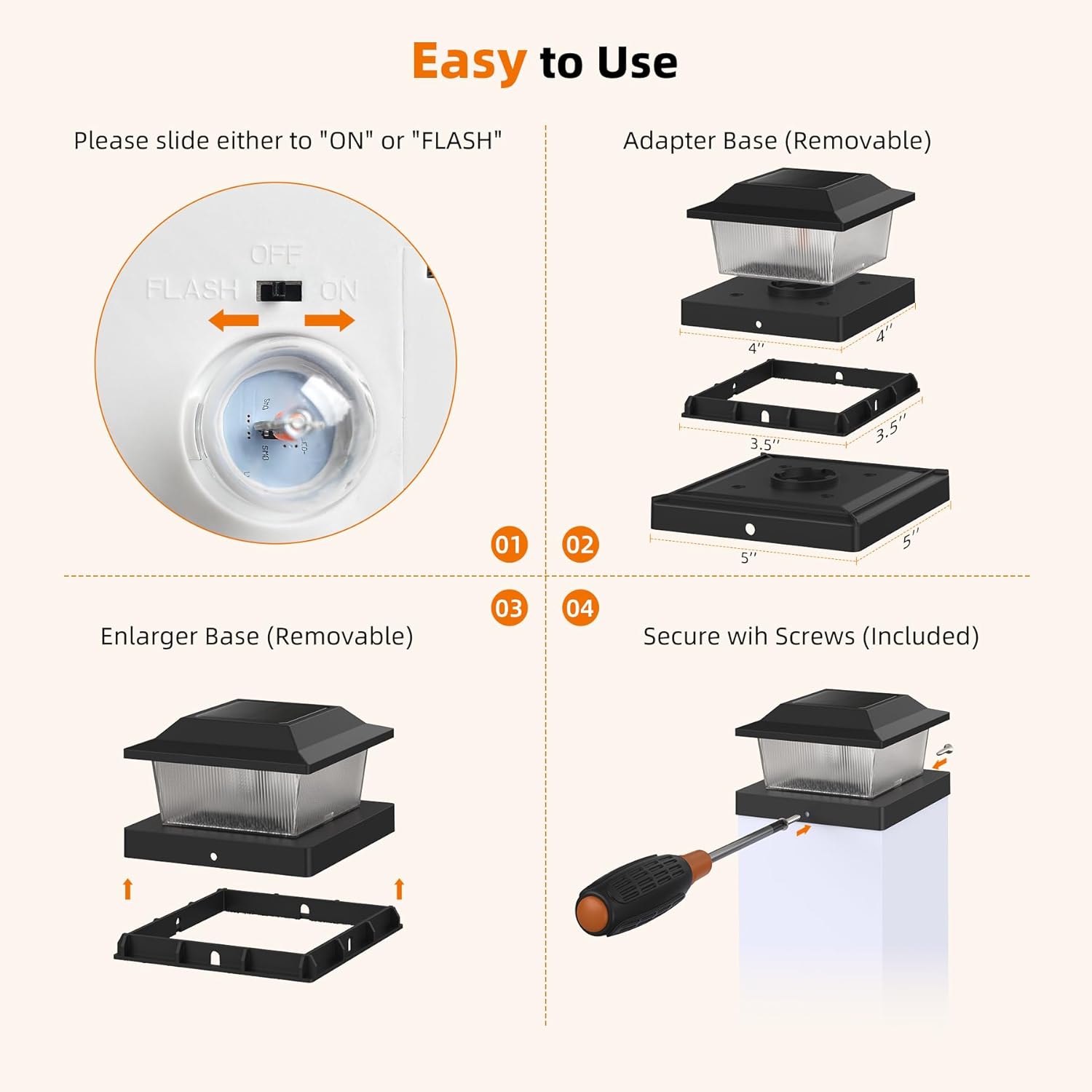 Solar Post Cap Lights, 2 Pack Outdoor Flickering Flame Light Fit for 3.5x3.5 4x4 5x5 Vinyl/Wooden Post, HIGT Brightness SMD LED Decor for Garden/Blackyard - Black