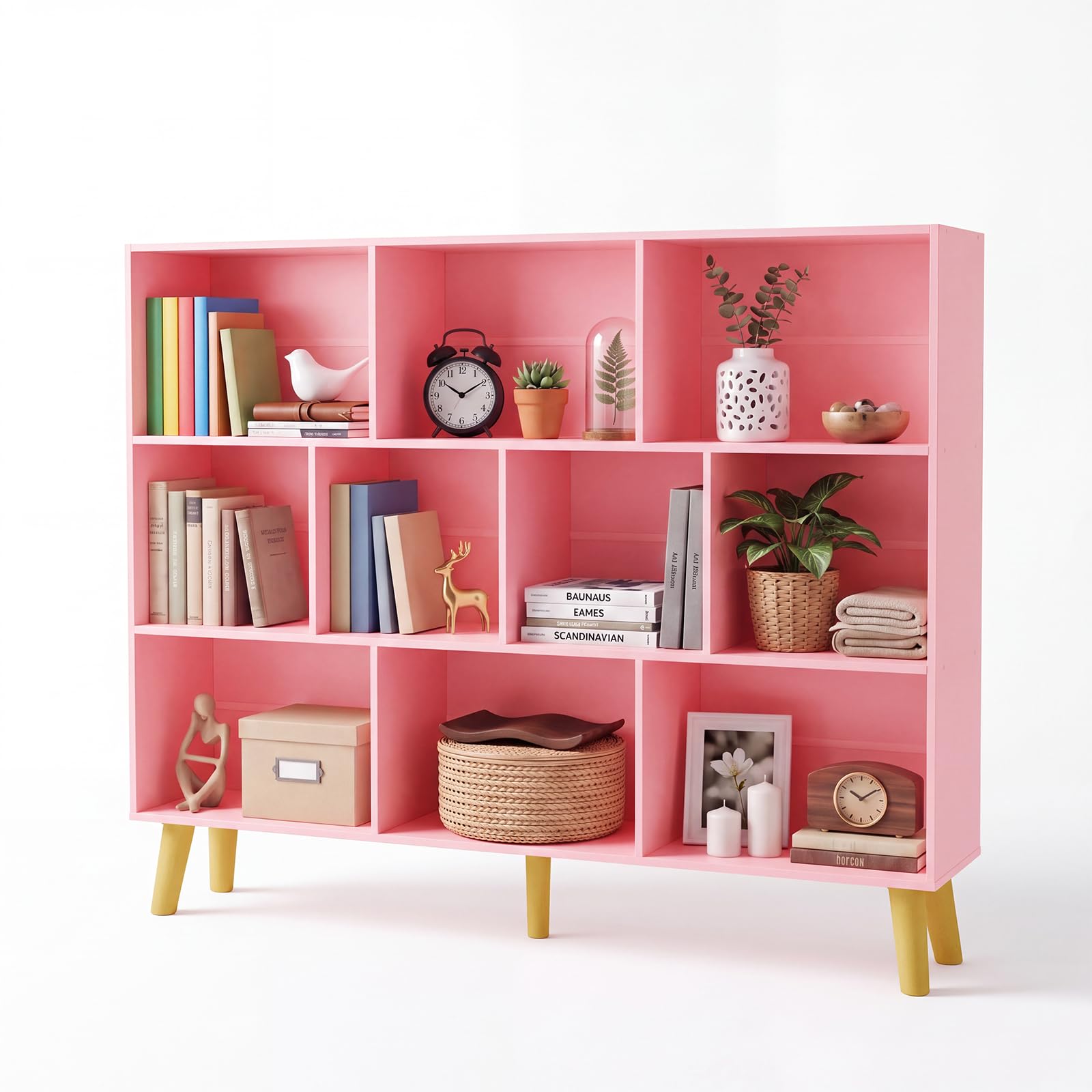 YAHARBO 10 Cube Large Bookshelf,3 Tier Bookcase with Legs,Light Pink Mid-Century Modern Bookshelves,Wide Free Standing Open Storage Organizer Shelf,Tall Wooden Book Case Furniture for Living Room