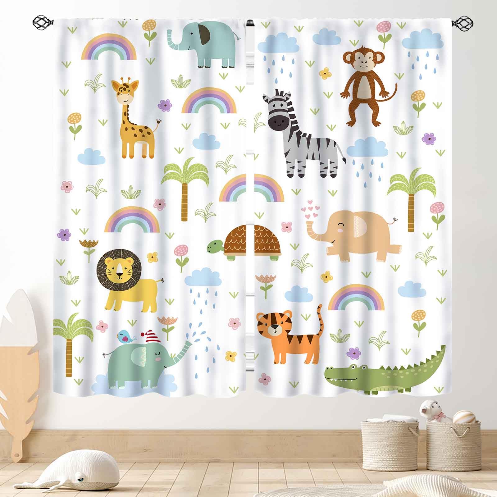 Baby Boys Safari Animals Curtains, Woodland Jungle Wildlife Forest Lion Elephant Cartoon Animals Rainbow Printed Window Drapes Treatments for Kids Girls Boys Living Room Bedroom 2 Panels, 52"x84" Inch — image 1