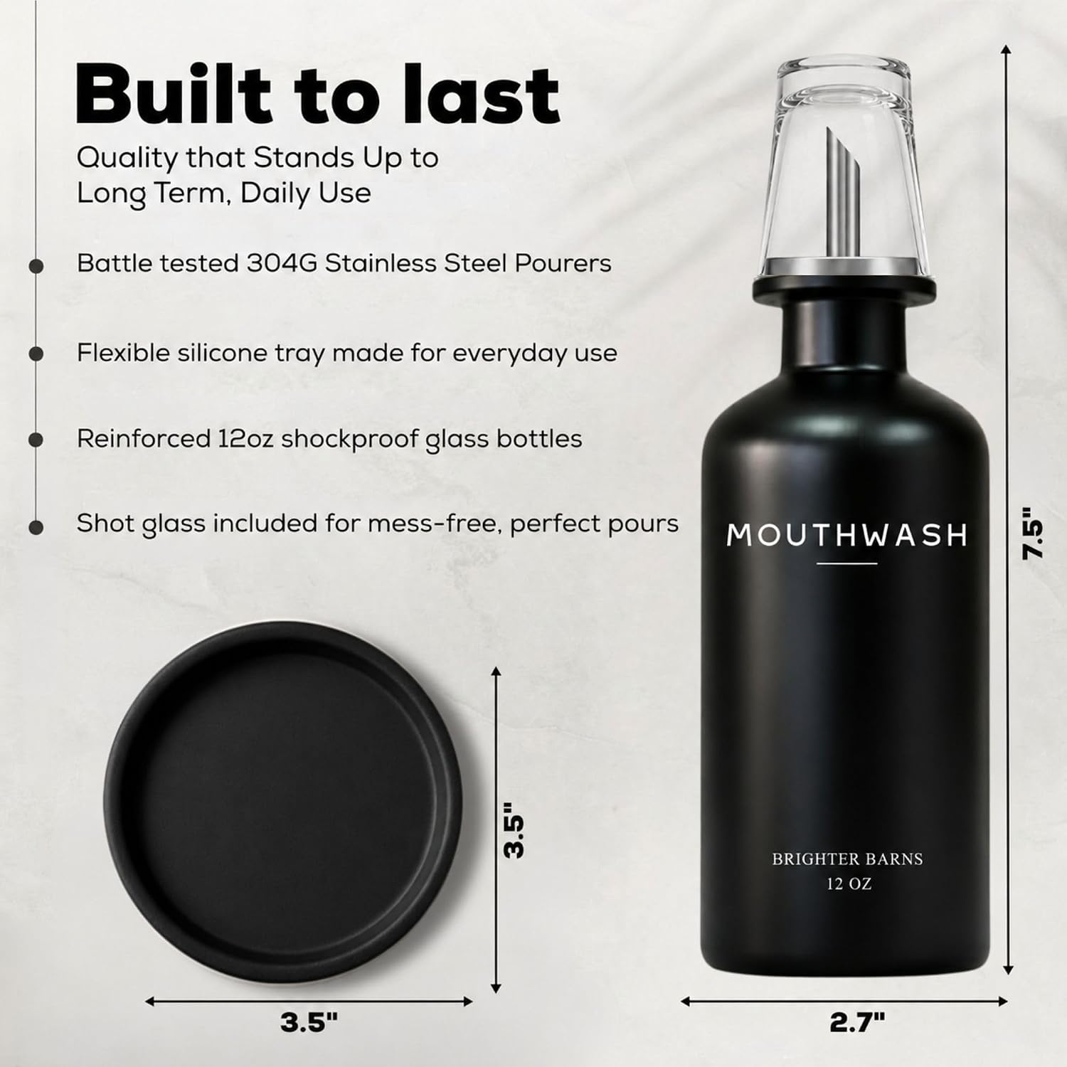 Black Glass Mouthwash Dispenser for Bathroom by Brighter Barns - Mouth Wash Dispensers for Bathroom Sink- Refillable Mouthwash Container - Modern Bathroom Decor for Airbnb, Dental Office, Gift (Black)