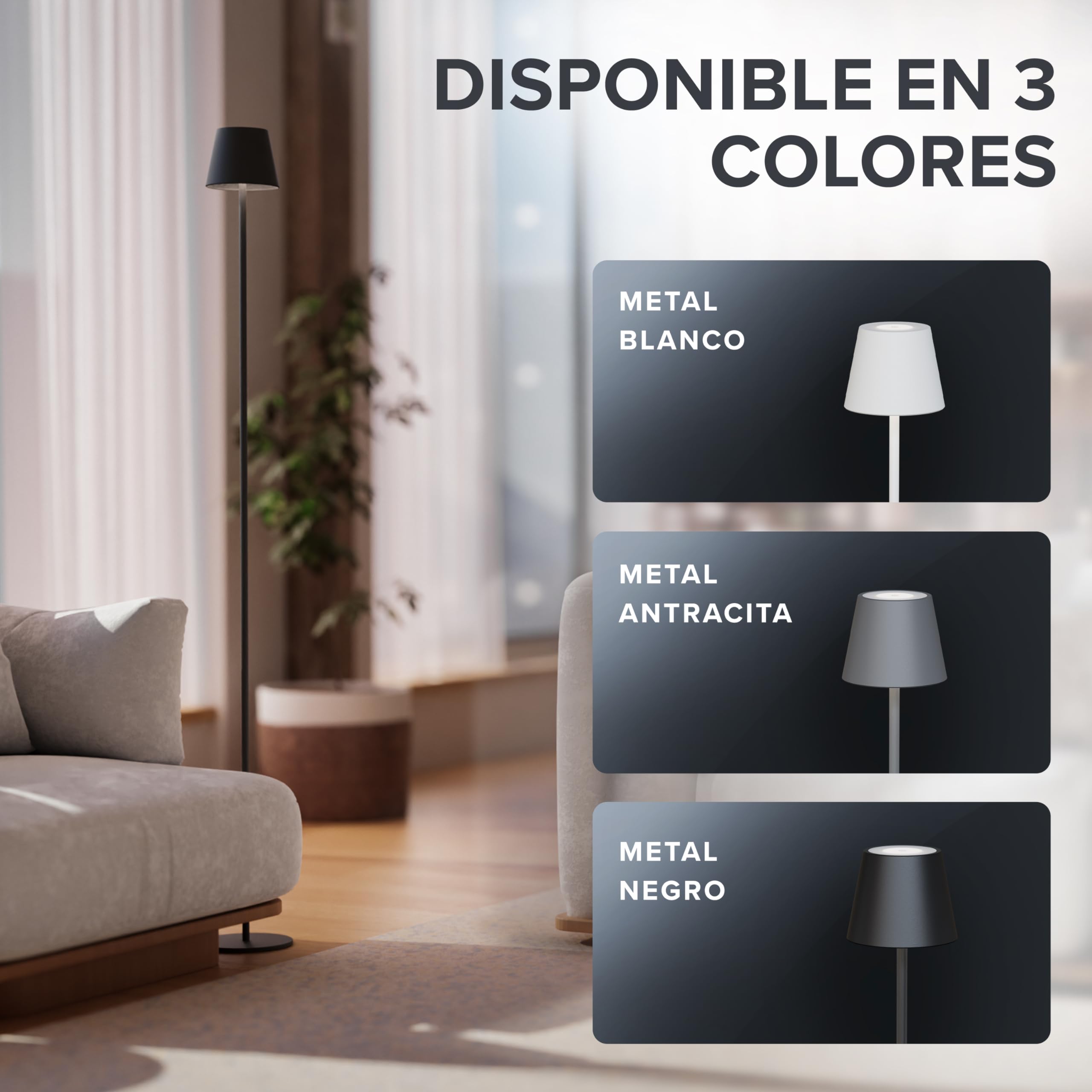 OVITEC ovilum Matar Lámpara de pie LED en aluminio antracita para interior y exterior inalámbrica Regulable | Blanco cálido/frío USB C recargable | Resistente al agua IP44 | Diseño moderno en gris.