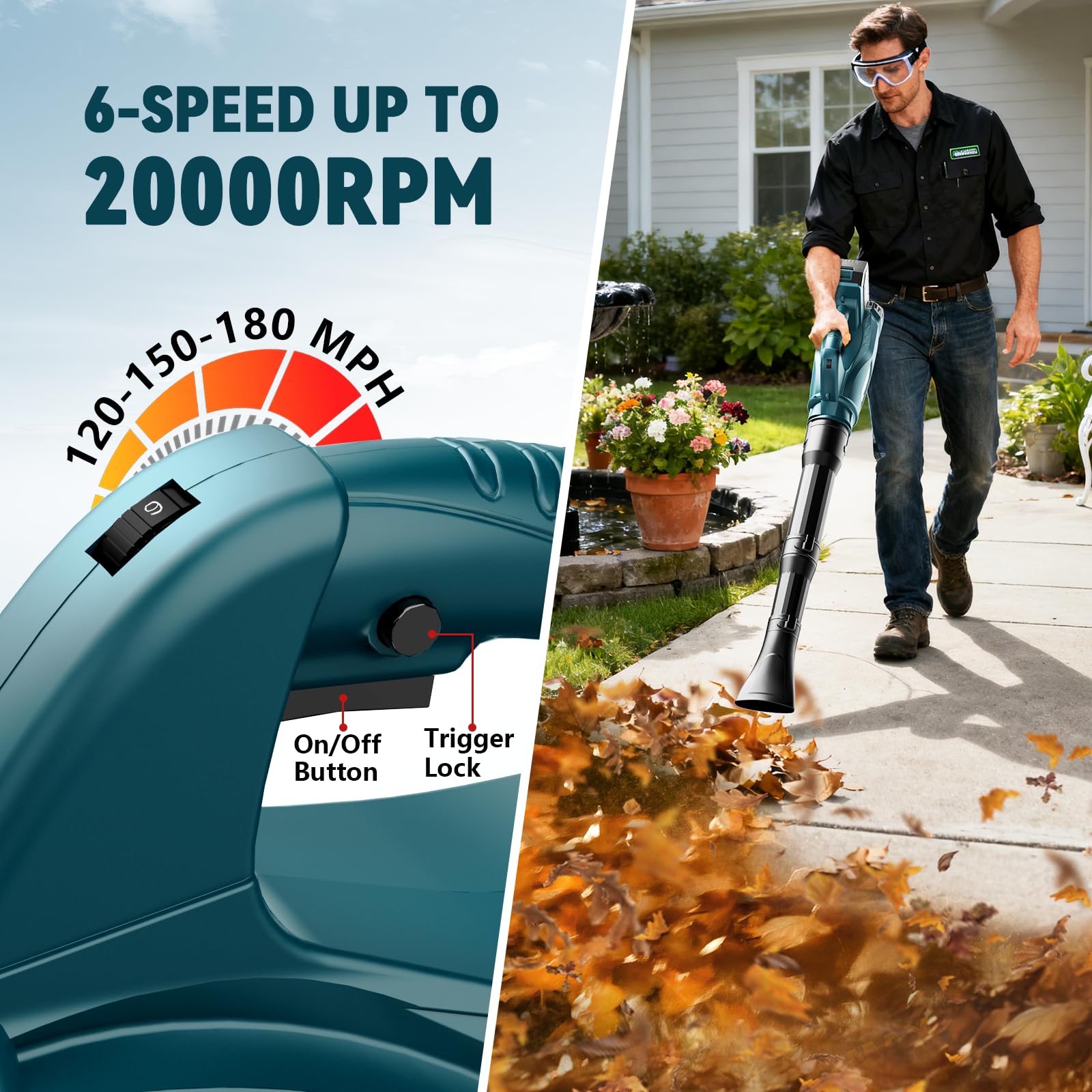 Soffiatore a Batteria compatibile per Bosch 21 V, Soffiatore di Foglie Senza Fili, Ventola a 6 livelli, Soffiatore Rimovibile, 300 km/h, 2 Ugelli, per giardino, manutenzione del prato e rimozione