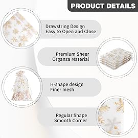 Snowflake Organza Bags, 50 PCS Christmas Sheer Organza Bags with Drawstring 4 x 6 inch, Jewelry Gift Bag, Gold Small Mesh Goodies Xmas Wedding Favor Mini Candy Pouches Bag for Christmas Party Favors