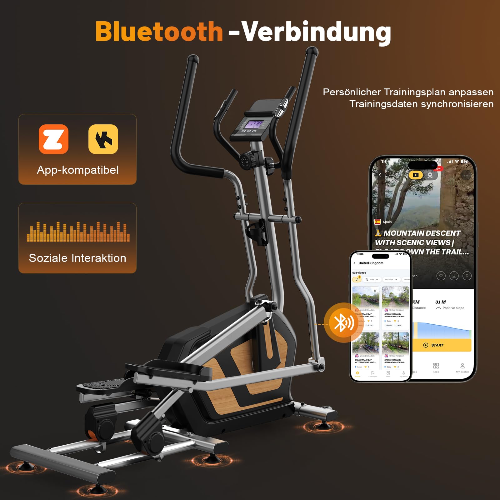 Crosstrainer für Zuhause, Magnetischer Ellipsentrainer mit 16 Widerstandsstufen, 10kg Schwungrad, 45cm Schrittlänge, App Kompatibel, Pulssensor, bis 150kg