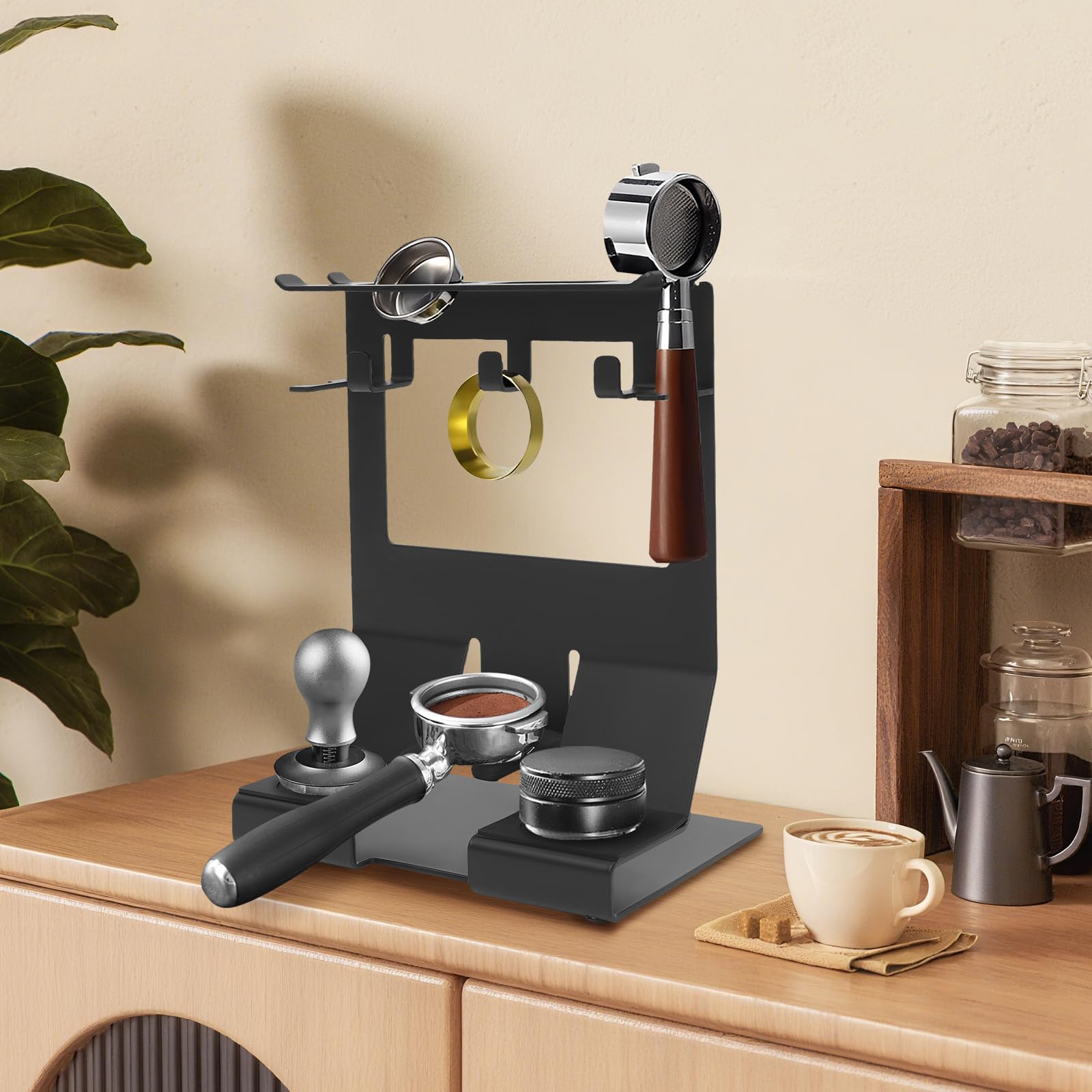 Aufbewahrungsregal für Kaffeezubehör, Barista Regal für Siebträger 58mm, stabiler Kaffee Werkzeughalter aus Eisen, Platzsparender Kaffee-Ausrüstung Aufbewahrungsregal für Küche & Café, schwarz