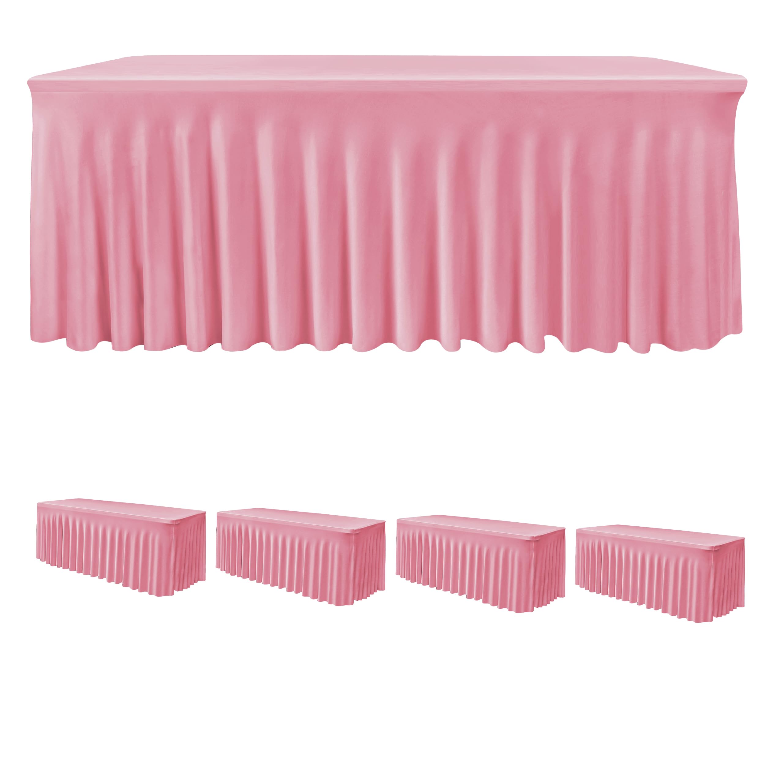 4 Pack Pink Spandex Table Covers 8ft Rectangle Ruffle Skirts for Party