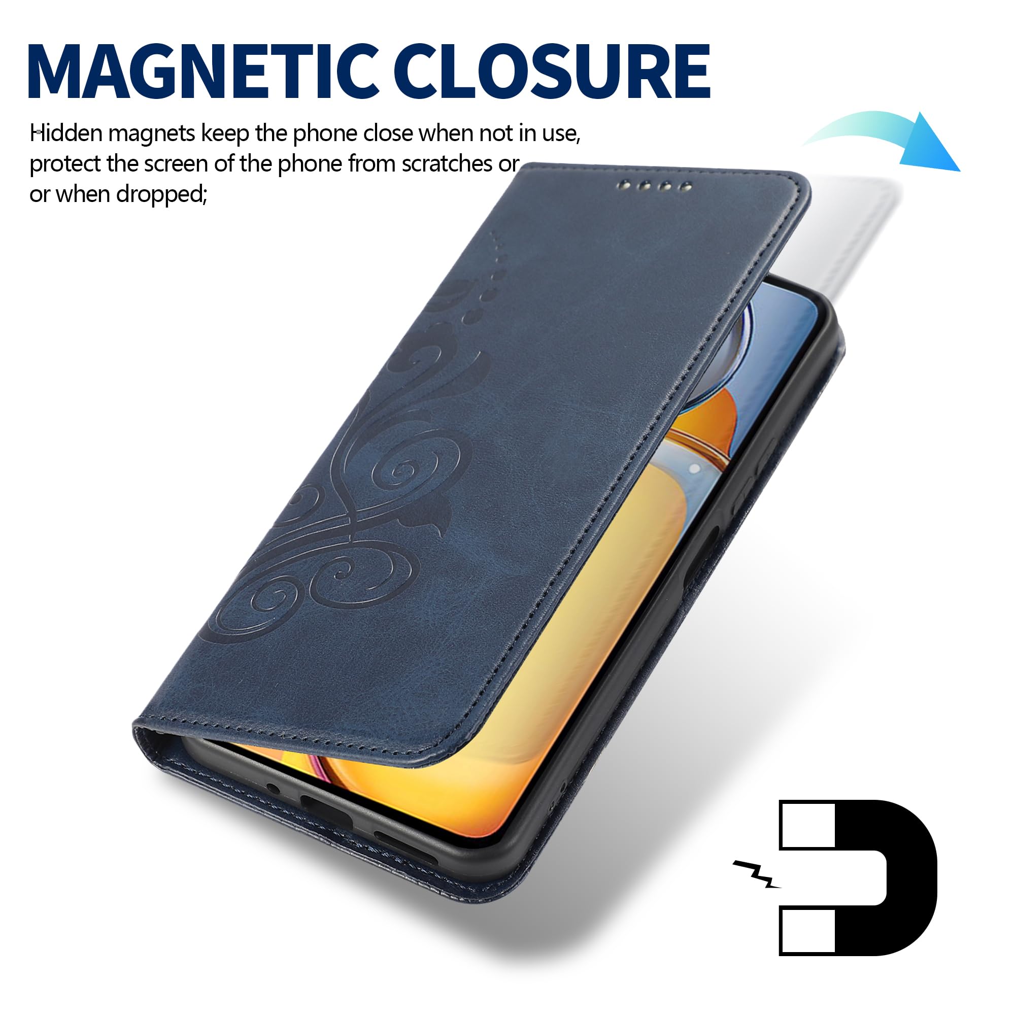 Custodia A Libro In Pelle PU Per Xiaomi Redmi 13C 4G - Blu, Con Portafoglio E Supporto Magnetico