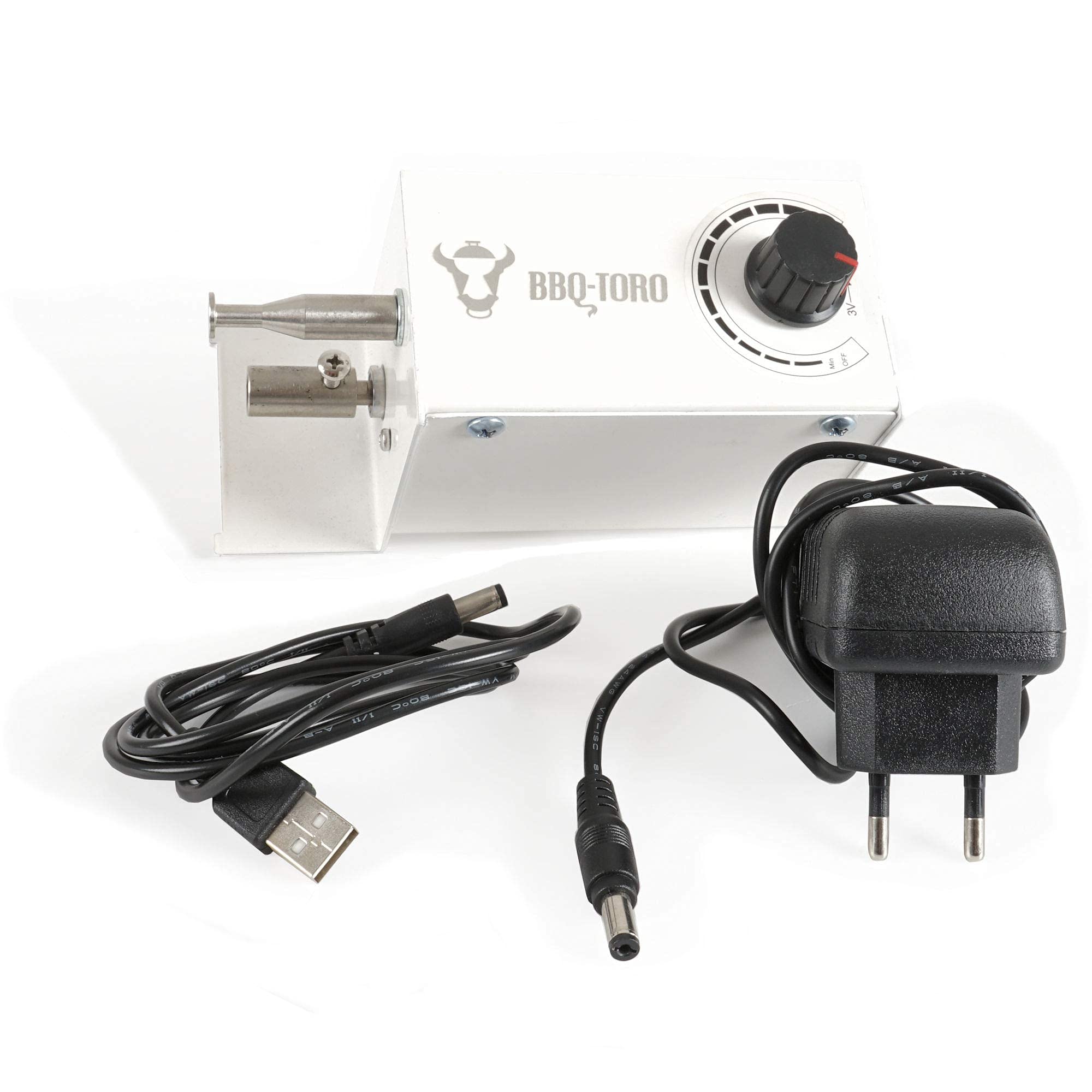 BBQ-TORO Pincho Giratorio con Motor I Acero Inoxidable I para 11 Pinchos I Altura Regulable 70 x 26-40 cm I con Enchufe y Cable USB