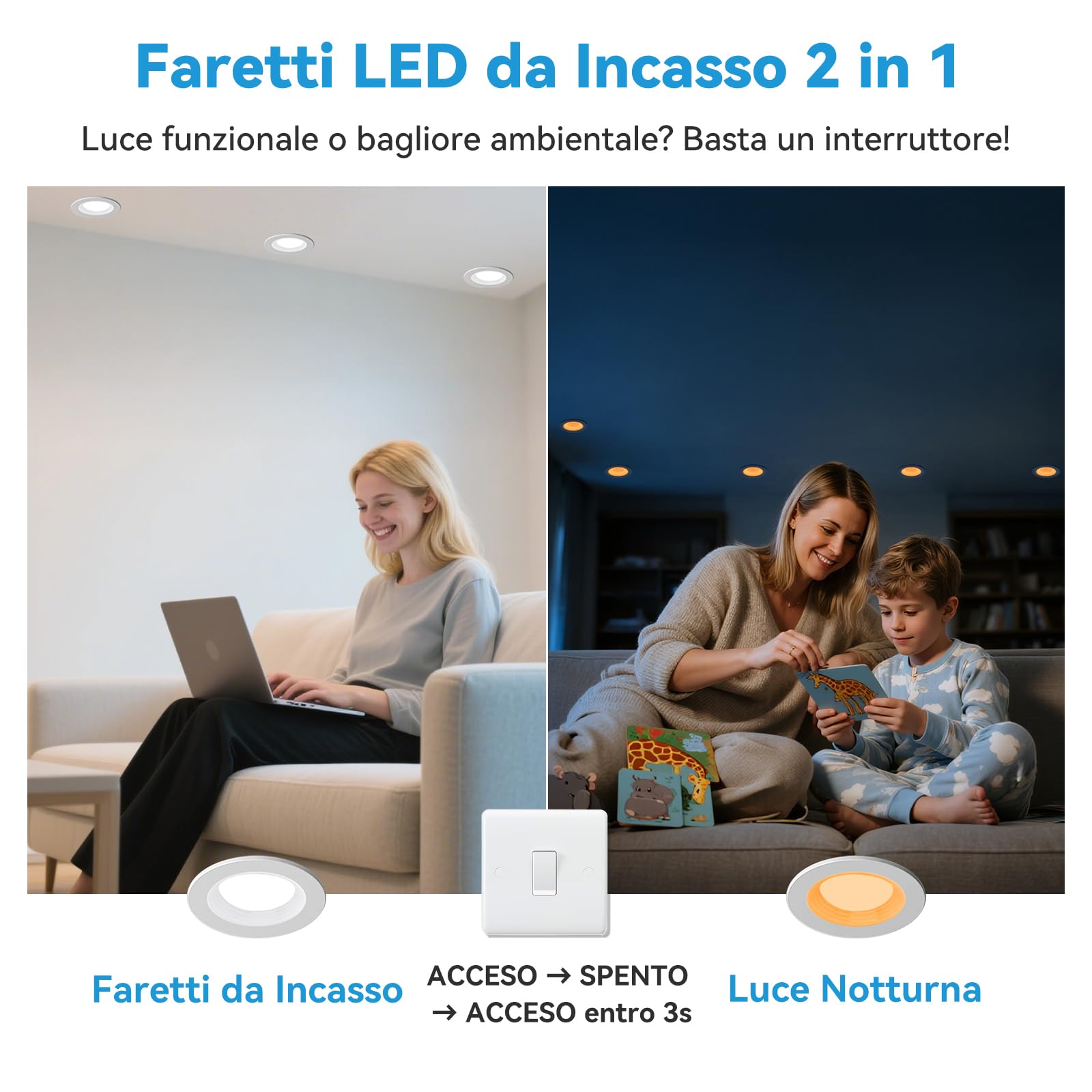 KEELED Faretti LED da Incasso per Cartongesso con Luce Notturna, 6W, 3 Colori Selezionabili 3000K/4000K/6000K, 230V, Foro 70-85mm, Confezione da 2