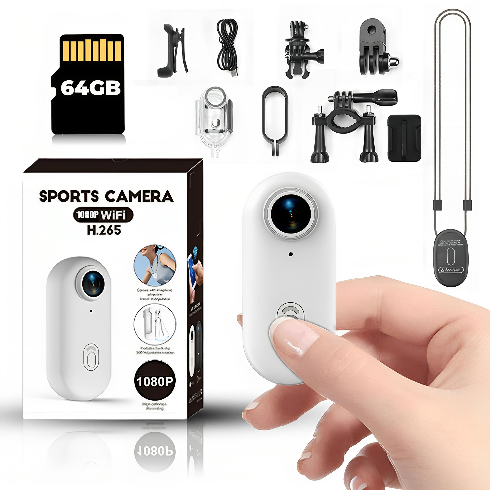 Mini Camera Sport 1080P Camera Sport Avec 64GB TF Caméra Portable POV 120° Wide-Angle Étanche Caméra de sport Audio et Vidéo Enregistrement Mains Libres Action Cam pour Casque Cyclisme Et Moto(Blanc)