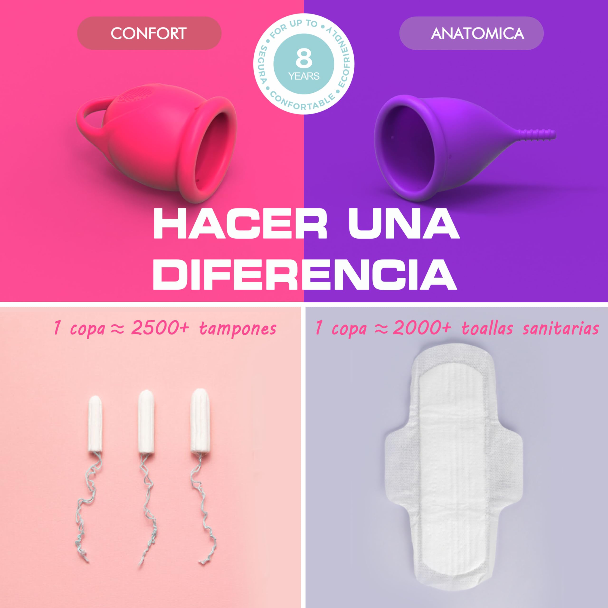 Copa menstrual BE INFINIT un modelo para cada estilo-tus días relajados-tus días de exigencias, Ideal deportistas-2 copas+vaso esterilizador+bolsa portable-2 modelos-SILICONA GRADO MEDICO-CONFORT S