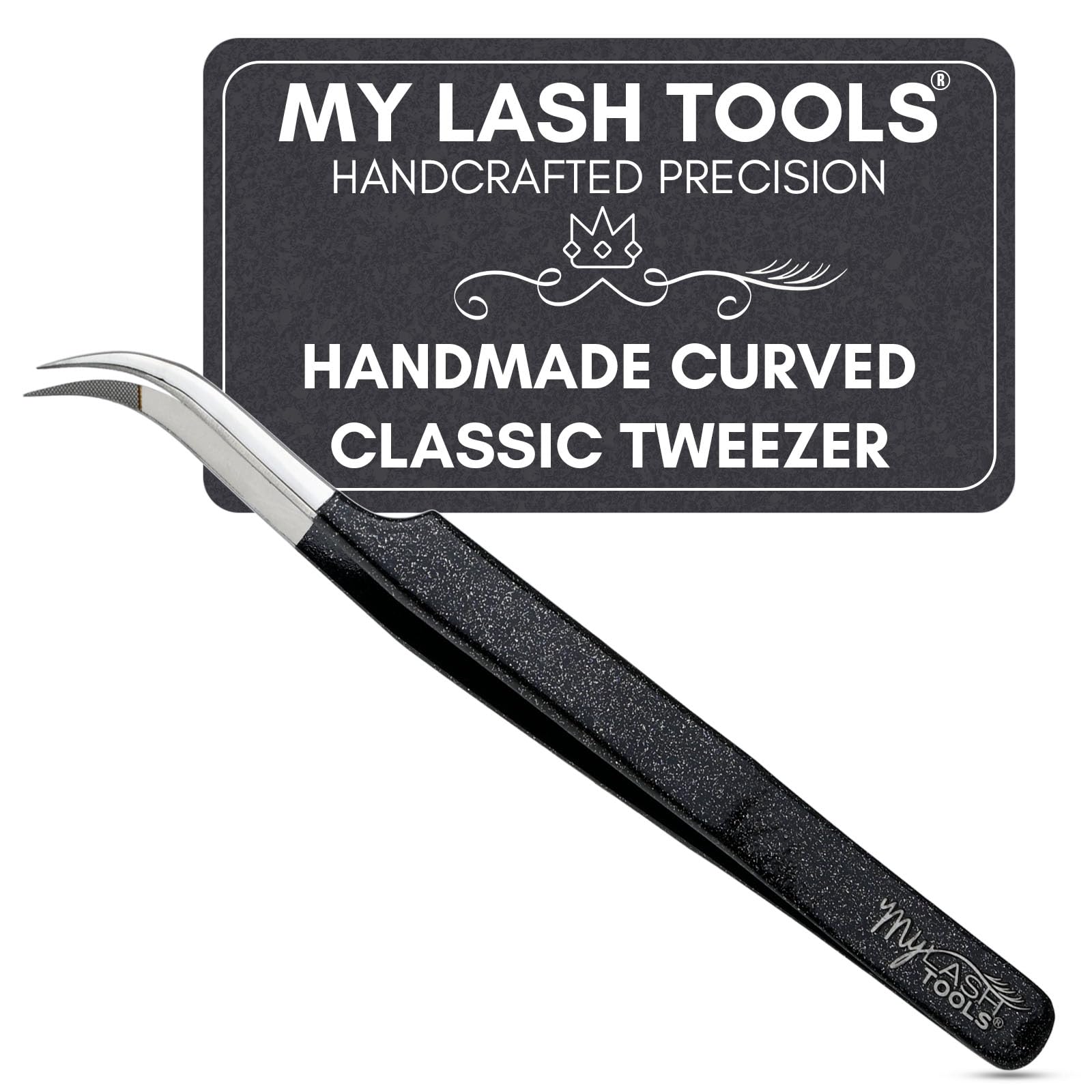 My Lash Tools Curved Classic Fiber Tip Lash Tweezers – 12cm Eyelash Extension Tweezer with Fine Curved Nano Grip Tip, Stainless Steel, Non-Slip Handle