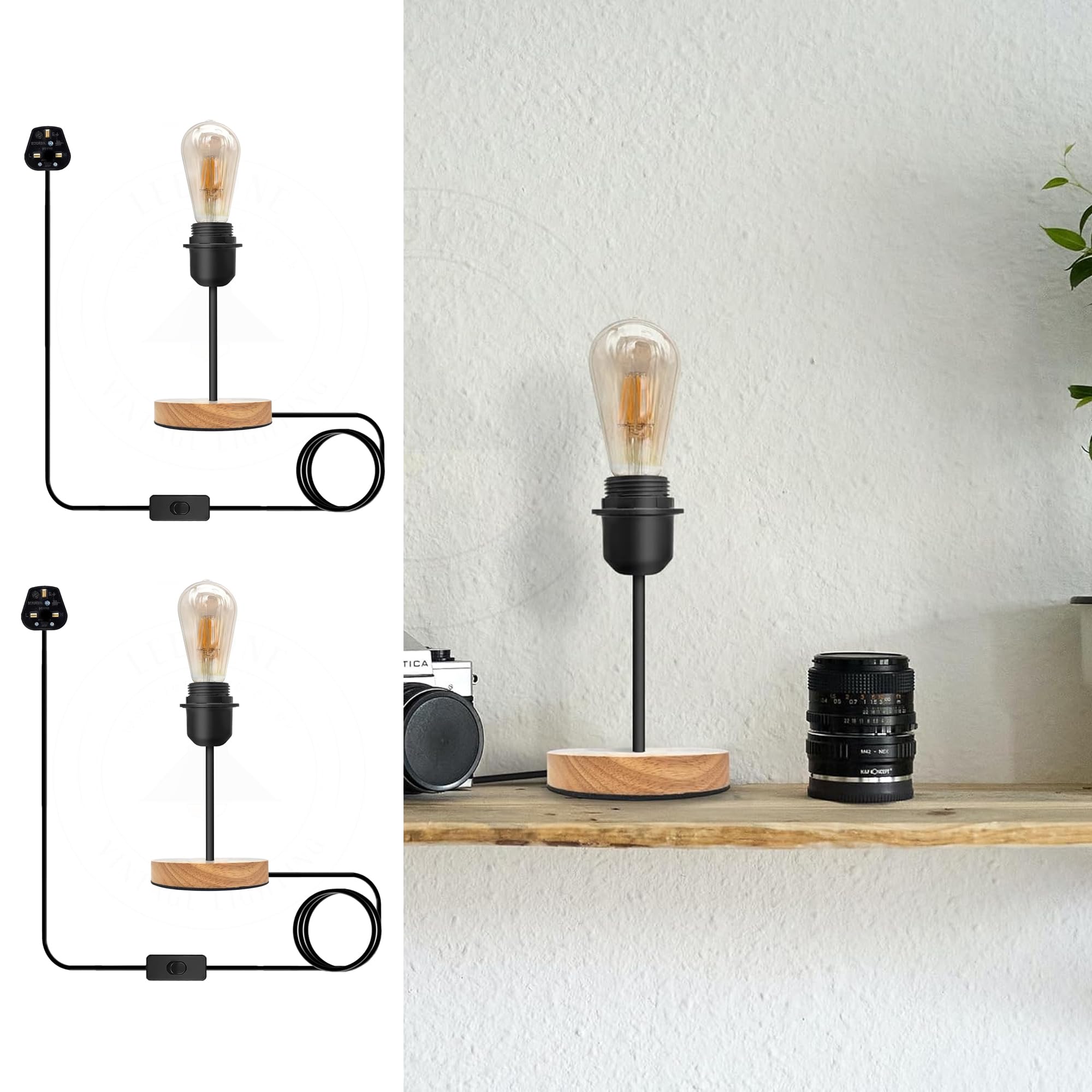 2 Pack Small Wood Table Lamp with Bulbs Plug in Cord On/Off Switch Vintage Wooden Nightstand, Desk Lamp E27 Base Desk Light for Bedroom, Living Room & Kitchen