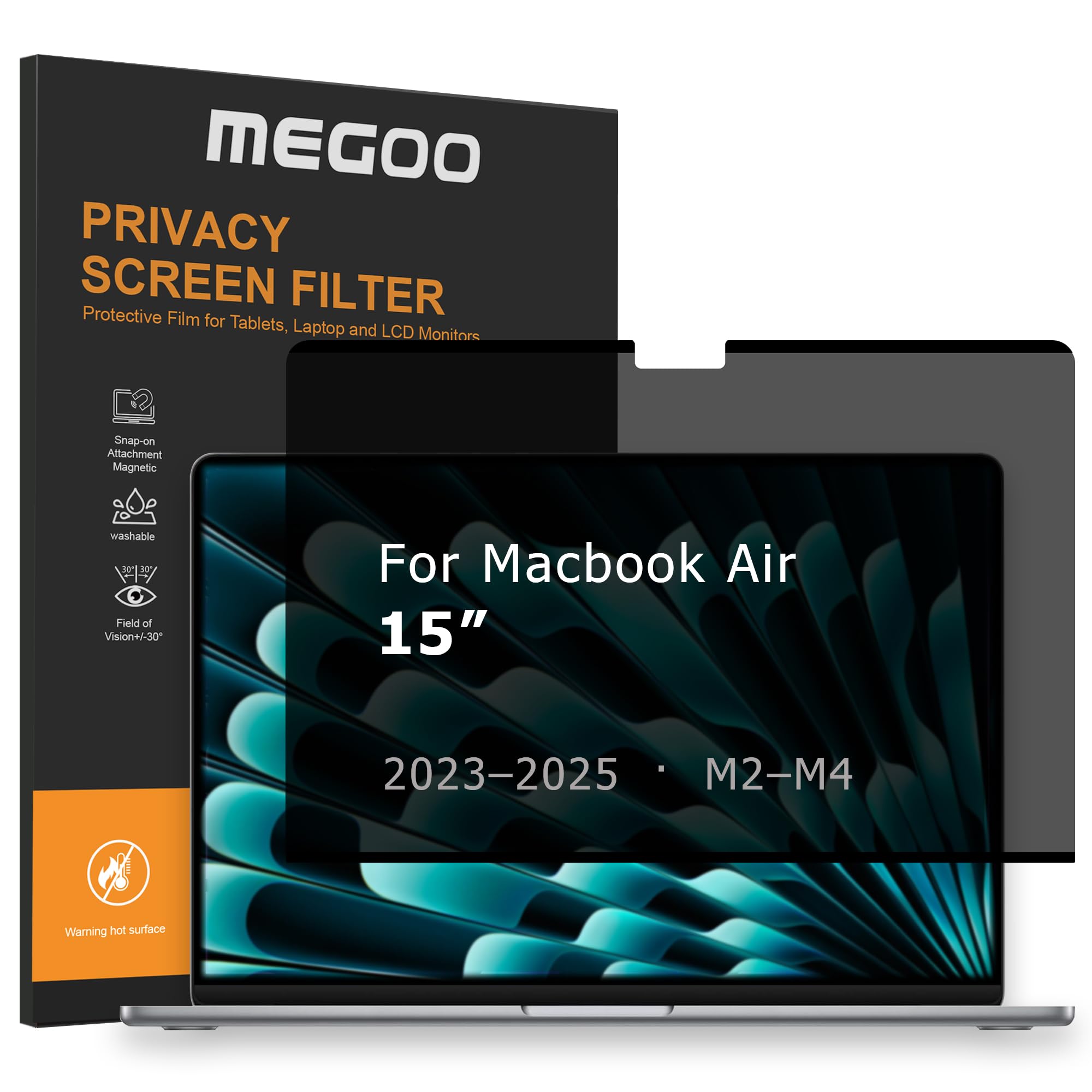 MEGOO Protector de Privacidad para MacBook Air 15", (2023-2025 / M2, M3, M4), Ángulo de Visión 30°, Filtro Luz Azul, Acabado Mate, Anti-Reflejos para Ojos - Protección Premium para Negocios