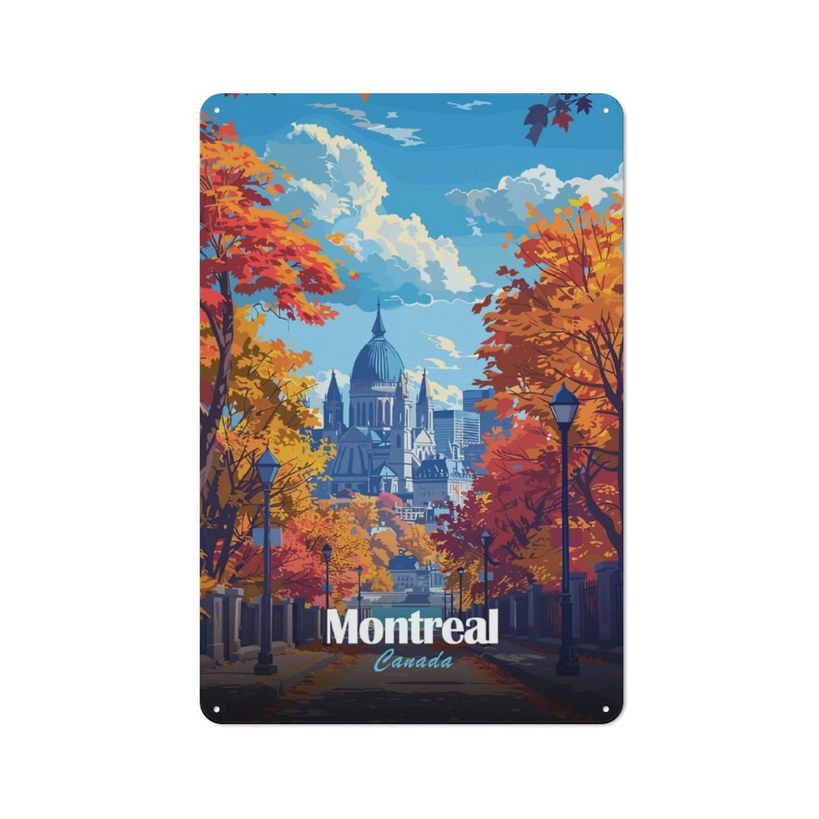 Junmoney Montreal Canada Autumn Cityscape Illustration Rustic Metal Plaque 30X20cm For Dining Room Or Kitchen, A Housewarming Gift For Dining Room Decor Fans