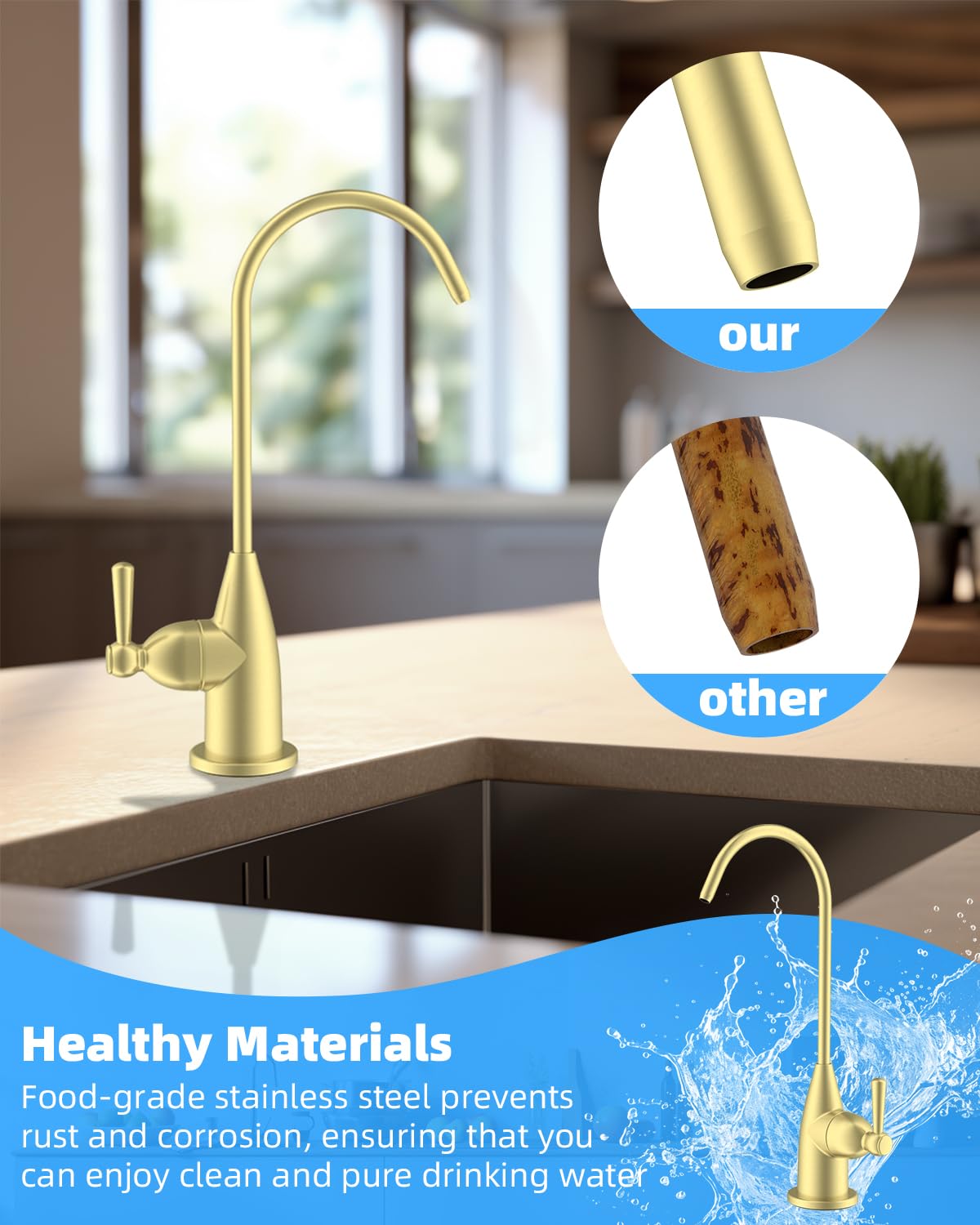Hibbent - Grifo de agua potable para fregadero de cocina de bar, sin plomo, grifo de filtro de agua de acero inoxidable, grifo de ósmosis inversa para sistema de filtración de agua debajo del