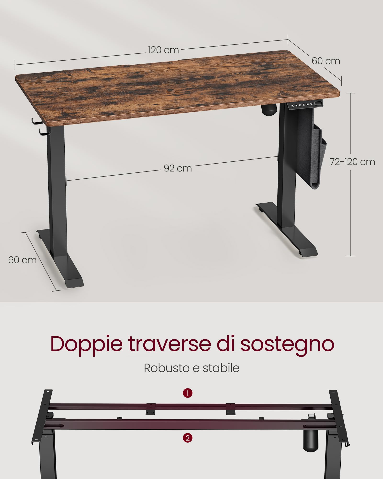 VASAGLE Scrivania Elettrica Regolabile in Altezza, 60 x 120 x (72-120) cm, Tavolo Regolabile in Continuo, Funzione di Memoria con 4 Altezze, Marrone Vintage LSD172X01
