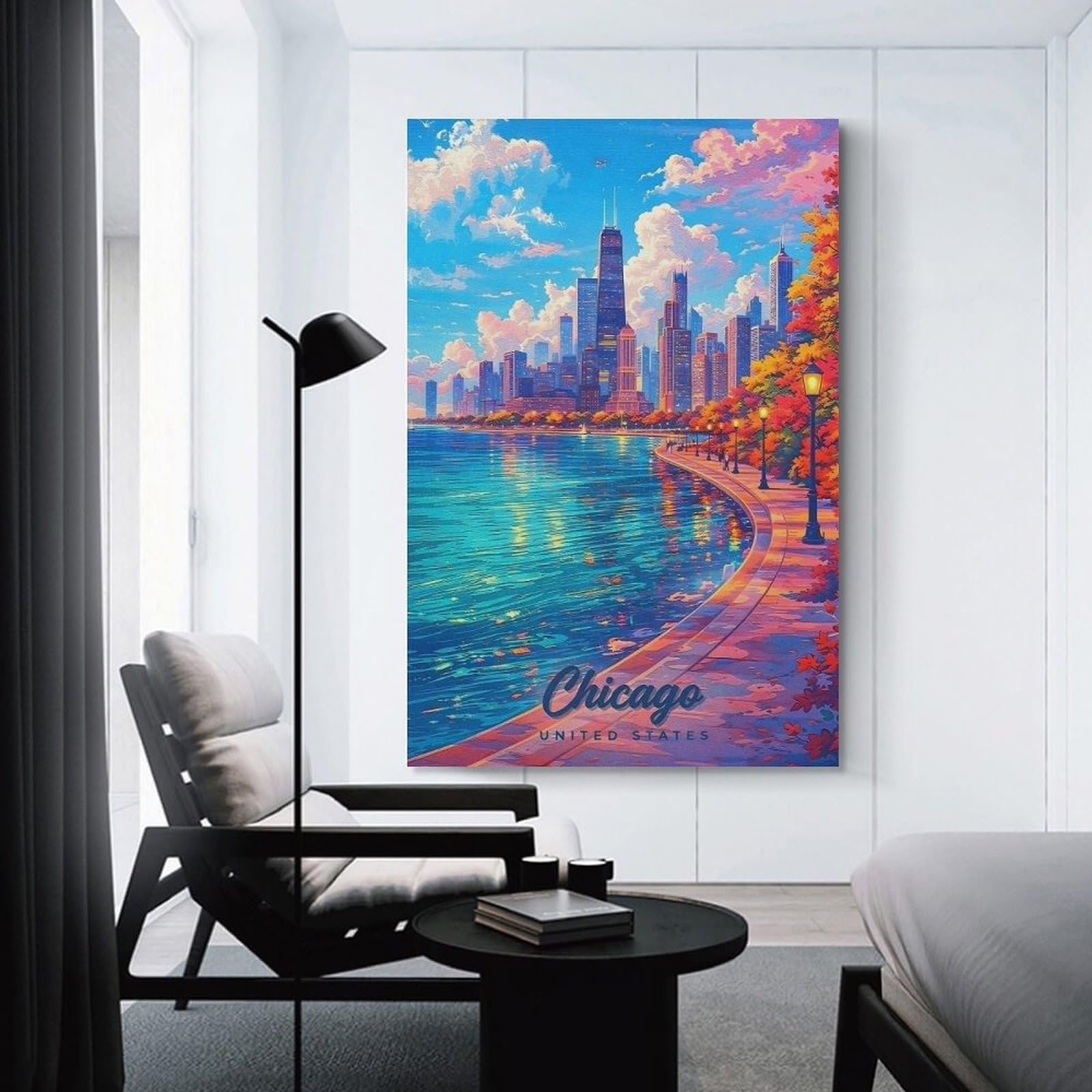 Junmoney Chicago Skyline in Autumn Canvas Wall Decor, 16x24inch(40x60cm), for Home Office, Desk Area Or Studio, Wall Art That Adds Style to Work Areas