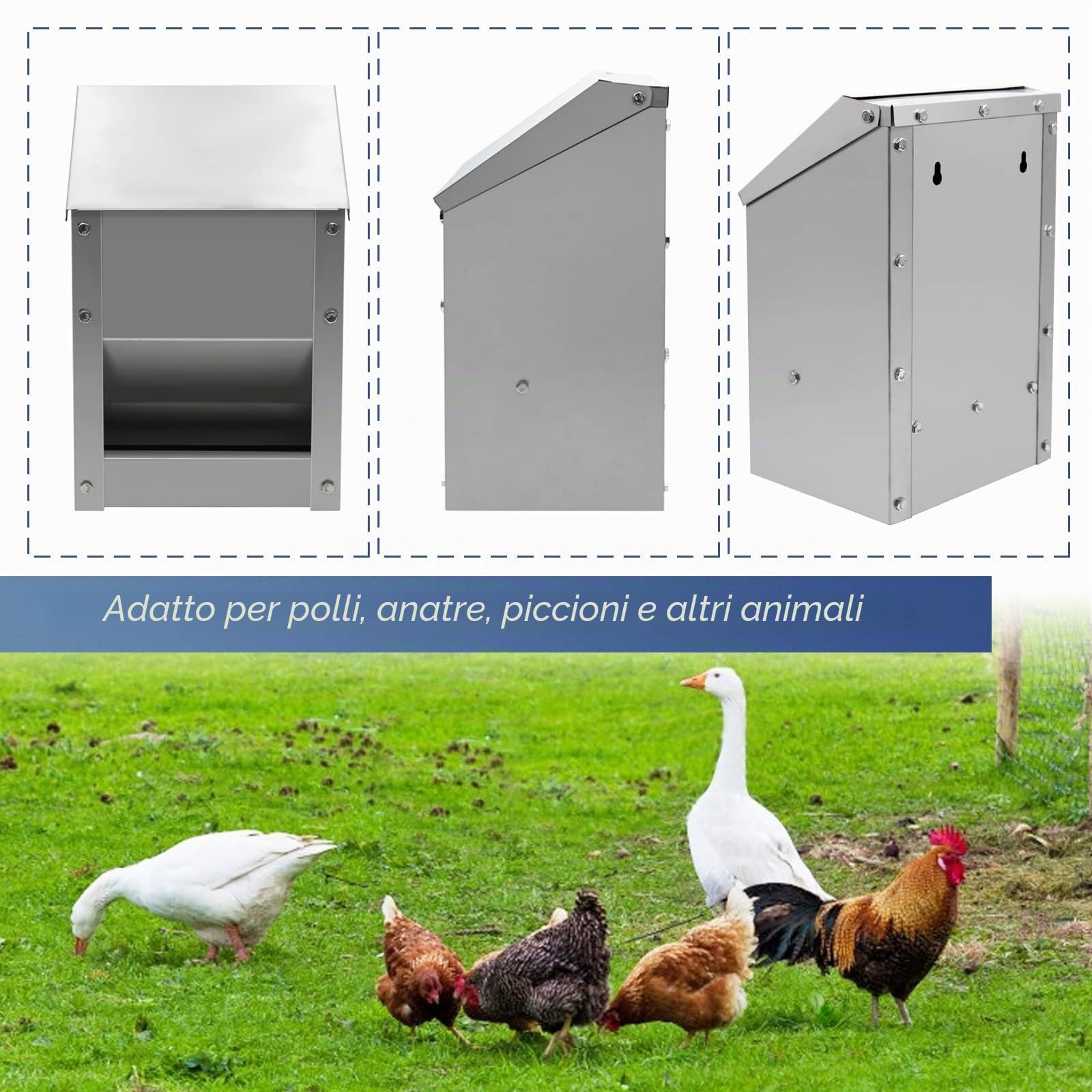 Mangiatoia automatica per polli in acciaio inox con 1 pala, mangiatoia per pollo, 4,5 kg, alimentazione automatica, resistente all'acqua per pollame