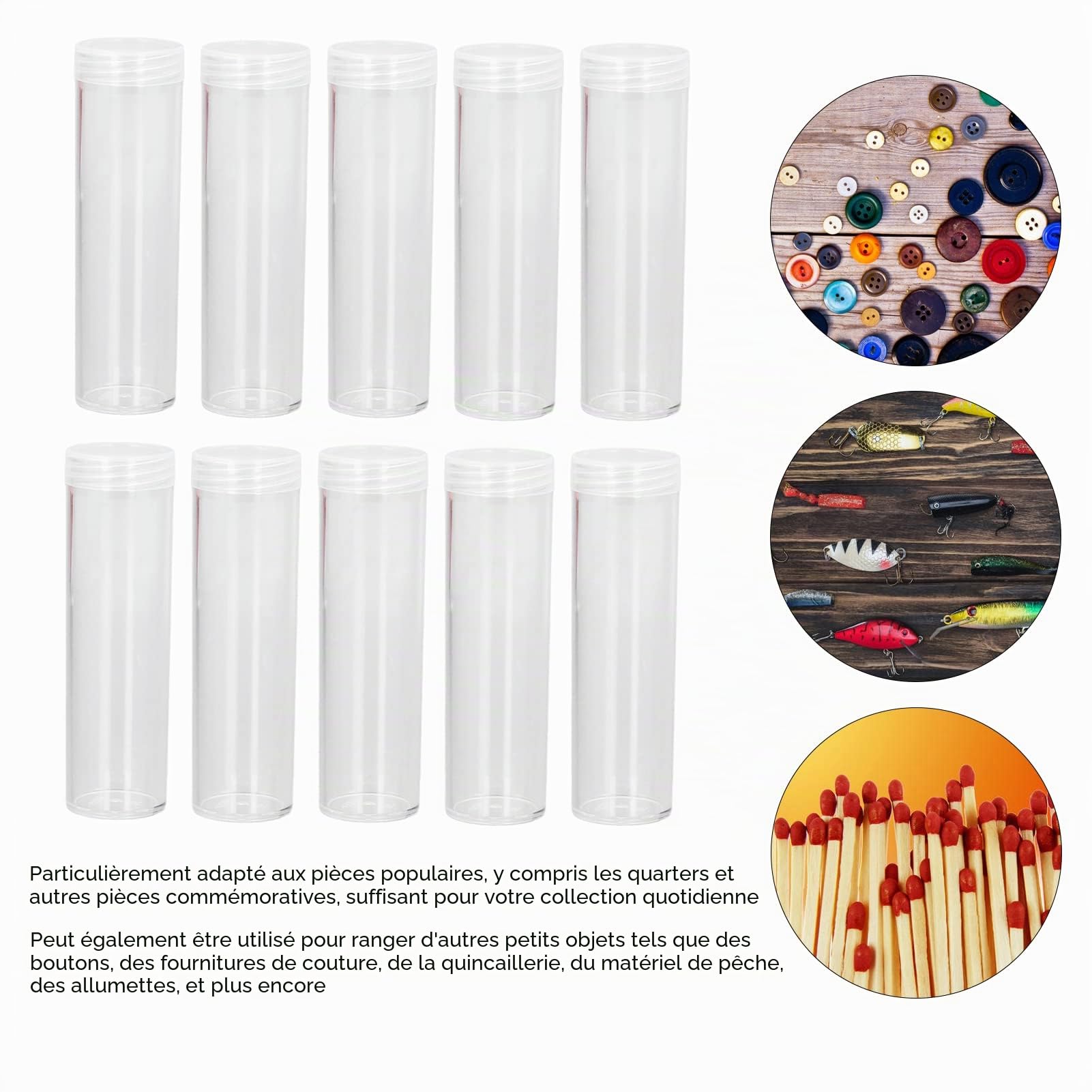 Lot de 10 Tubes en Plastique pour Pièces de Monnaie de Tailles Assorties, Tubes de Rangement pour Pièces de Monnaie de 25 Mm, Tubes de Stockage pour Pièces de Monnaie de 25 Mm,