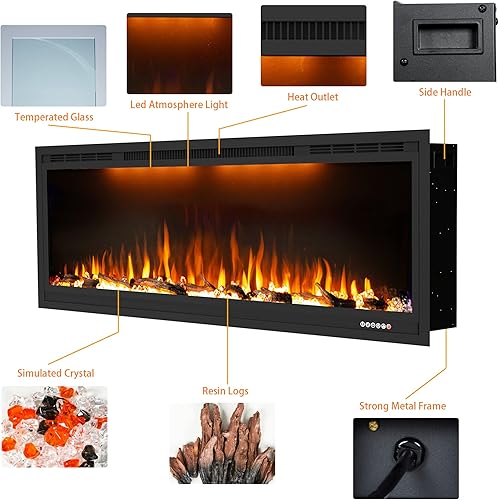 Miniatura 7 de Chimenea eléctrica de 42 pulgadas, calentador de chimenea empotrado en la pared, chimenea lineal de pared, troncos y opciones de cristal, 7501500 W,