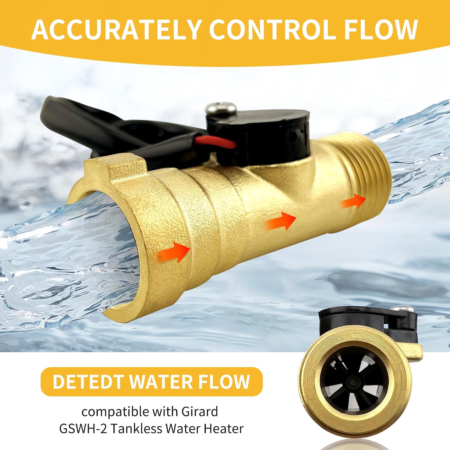 Water Flow Sensor for Girard GSWH-2 & 2GWH-24 Tankless Water Heater, Brass Body Replacement Part (Model: 2022107584)