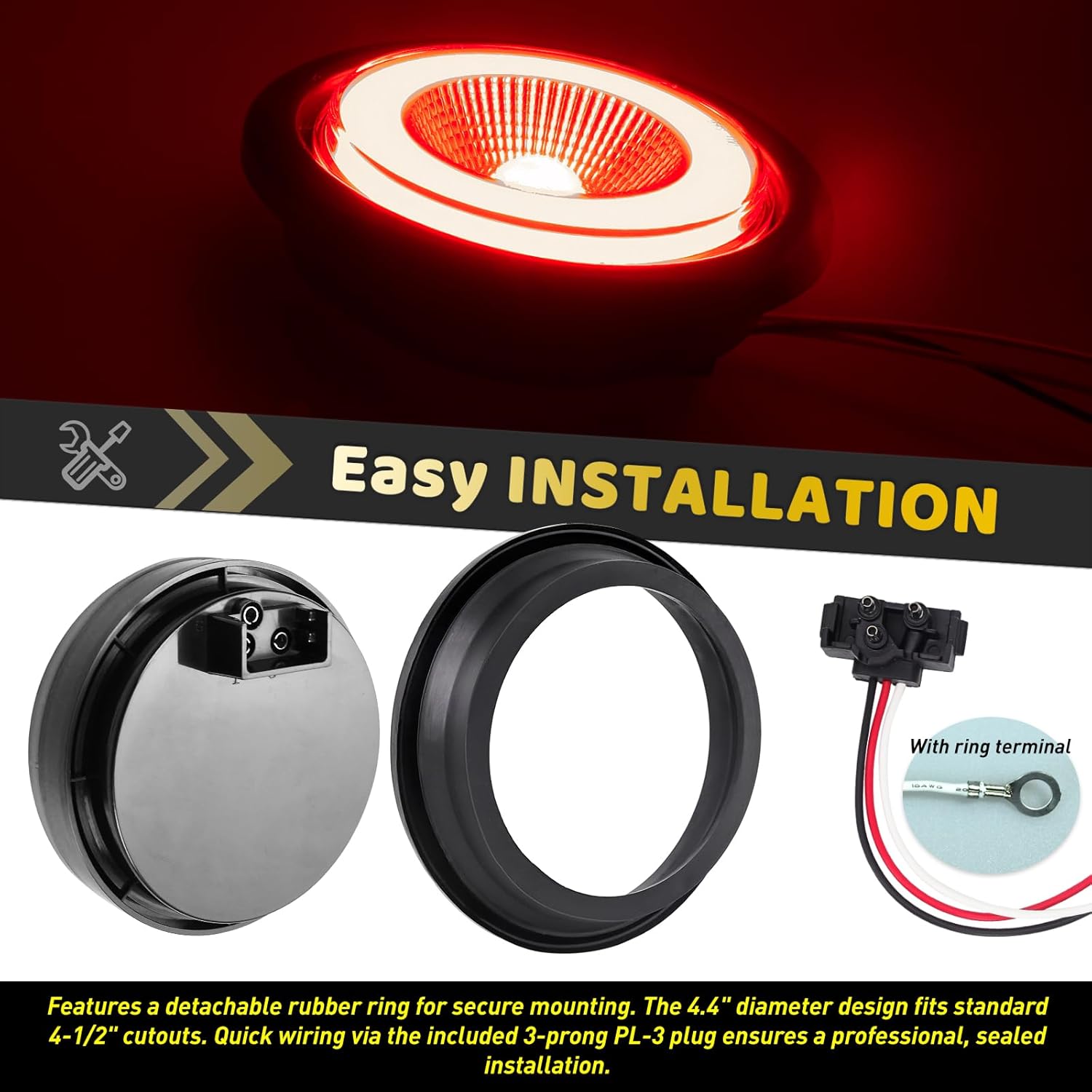 2pcs Smoked Lens 4“ inch Round Halo Red 32 LEDs Trailer Trucks Brake Stop Running Turn Signal Tail Lights w/Rubber Grommet Sealed Waterproof IP67, DC 12V(Smoked Lens_Red Light)