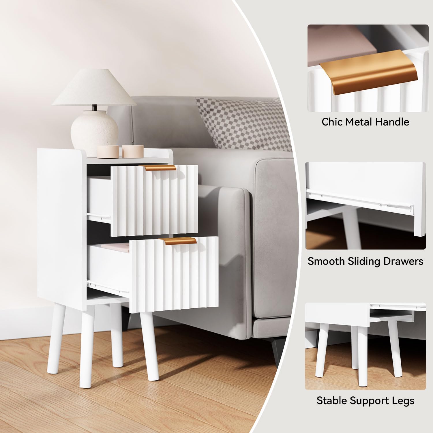 IBUYKE Mesita de Noche Estrecha, mesita pequeña con 2 cajones, Ahorra Espacio, mesitas de Madera para Dormitorio y Sala de Estar, Blanco WNS015W