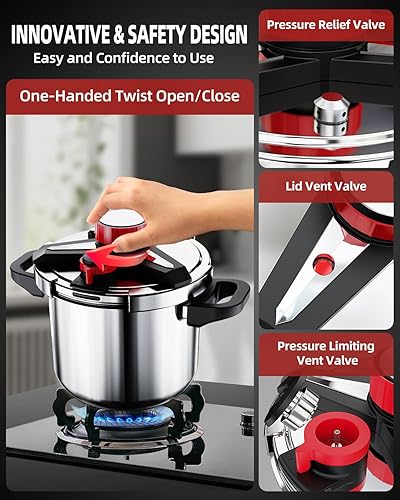 Miniatura 8 de Olla de presión de acero inoxidable 188 de 6 cuartos de galón, bloqueo con una sola mano Olla de Presion, olla a presión 3 en 1, compatible con