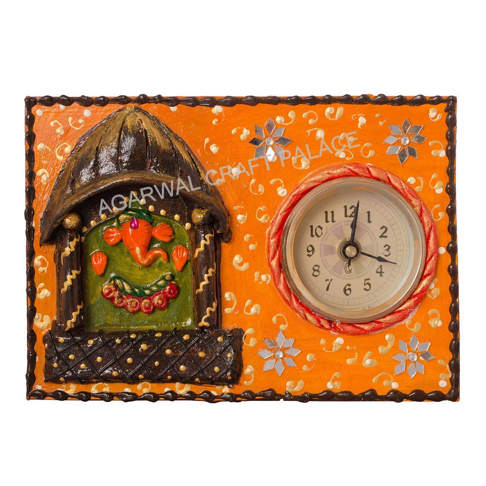 Agarwal Craft Palace Wooden lord Ganesh Clock, Alarm clock, Multicolour wooden table clock, clock showpiece, Gift Items, Religious idol clock, table showpiece, office desk utility product, Ganesh clock