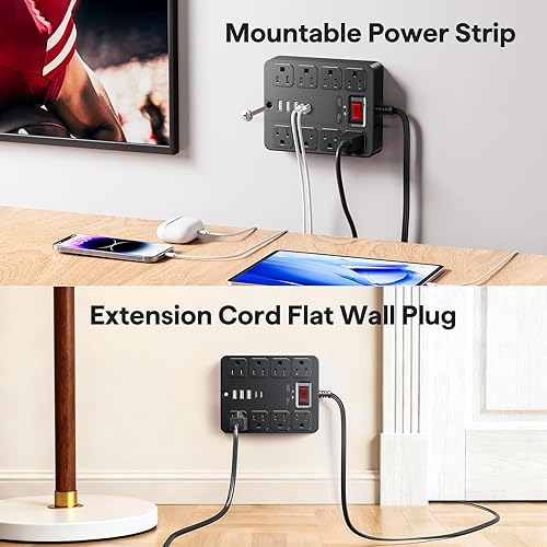 Miniatura 5 de Tira de alimentación con protector de sobretensiones 13 en 1, enchufe plano, 8 salidas de CA, 3 puertos USB, 1250 W/10 A, cable de extensión de 5