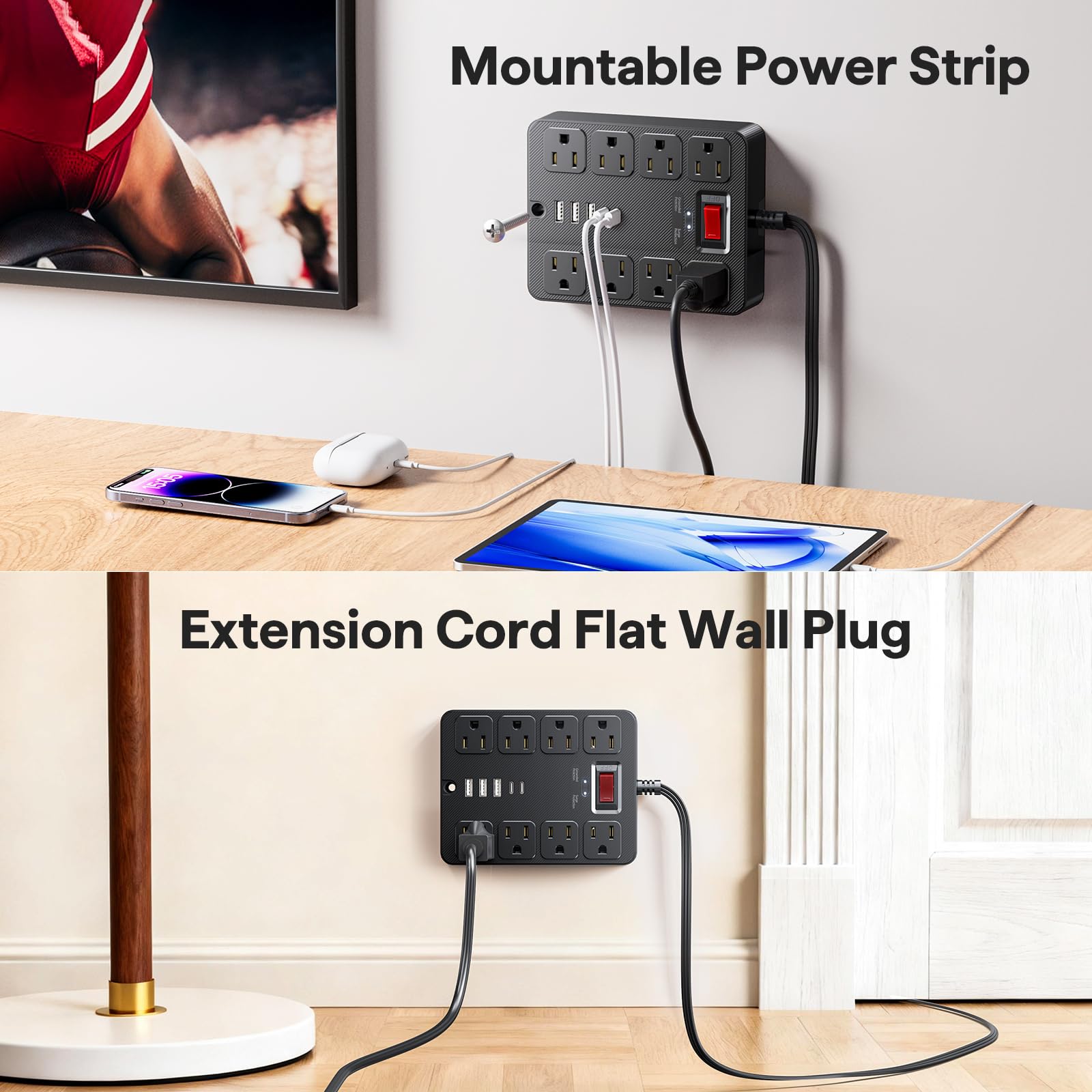 Conector plano 14 en 1 con protección contra sobretensiones, 8 enchufes de CA anchos, 4 puertos USB, 1250 W/10 A, cable de extensión de 5 pies con múltiples enchufes, extensión de computadora para