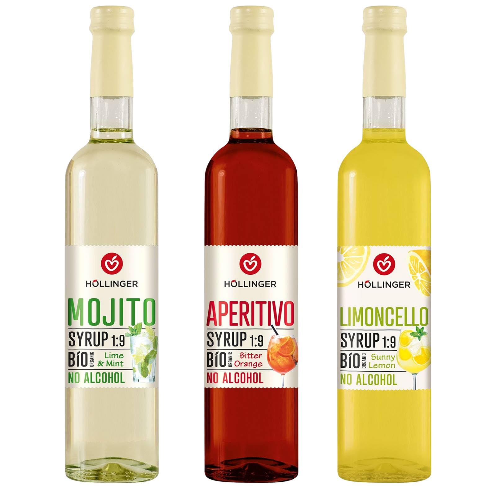 HÖLLINGER Bio Cocktailsirup Set, Mojito Limette-Minze, Aperitivo Bitter Orange, Limoncello Zitrone, Alkoholfrei, 3x500ml Glasflaschen, 1:9 Mischverhältnis