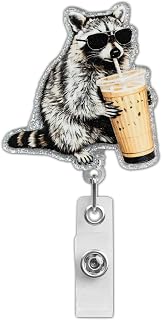 Funny Raccoon Iced Coffee Badge Reel – Cute Animal Retractable ID Holder for Nurse RN CNA LPN – Cool Sunglasses Raccoon Badge Clip with 24” Nylon Cord & Alligator Clip