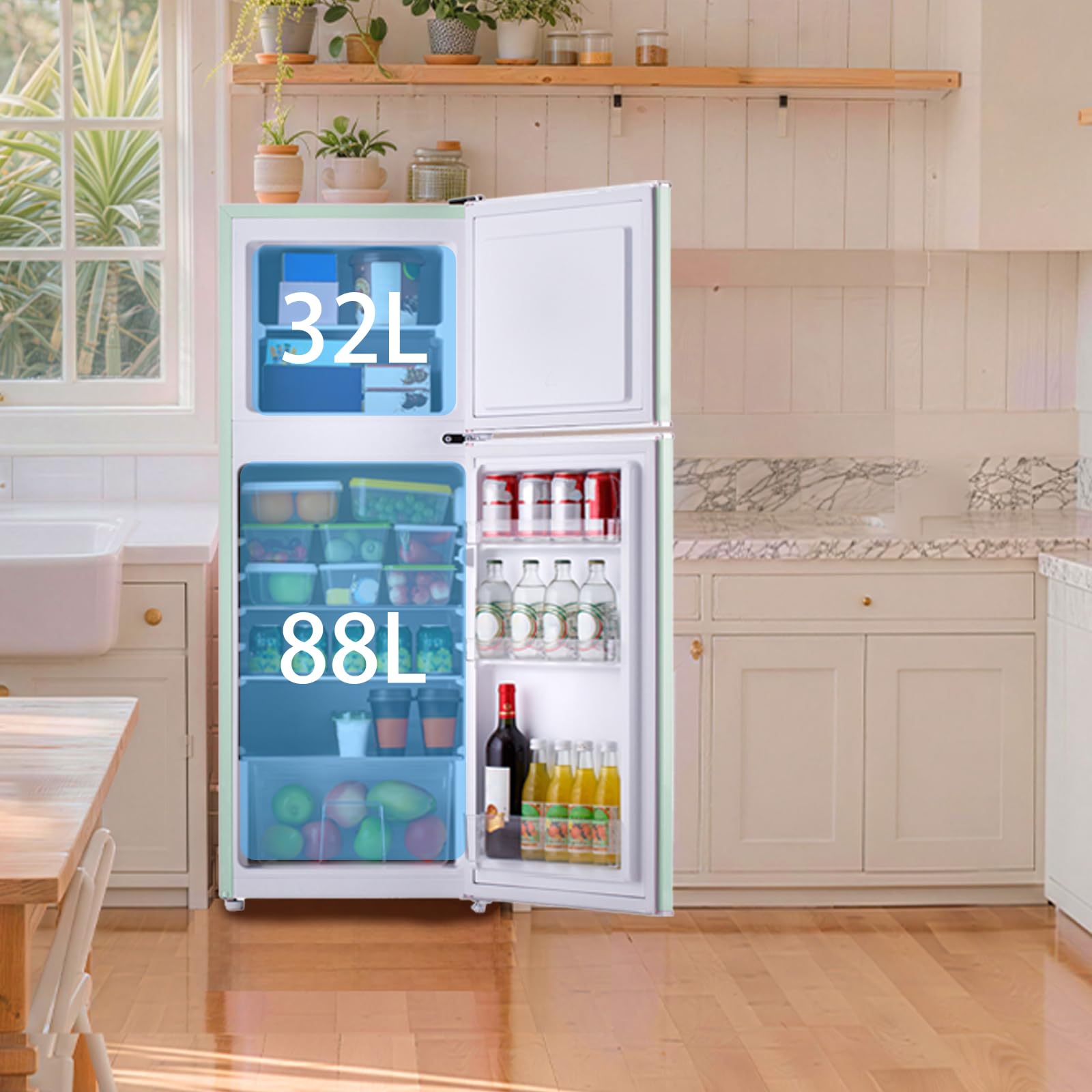 Magictec Frigo vintage rétro réfrigérateur congélateur 120 L (88 L/32 L) Low Frost Combiné Design vert matcha Éclairage LED