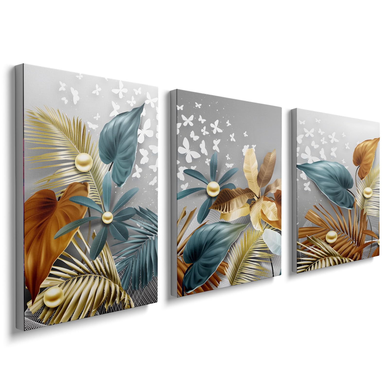 3 Panels Framed Canvas Wall Art Plants Blue Gold White Flower Pictures Printing Painting Poster Canvas Prints Wall Decor for Bedroom Living Room Bathroom Office Ready to Hang 30x40cmx3Pcs, YH1104
