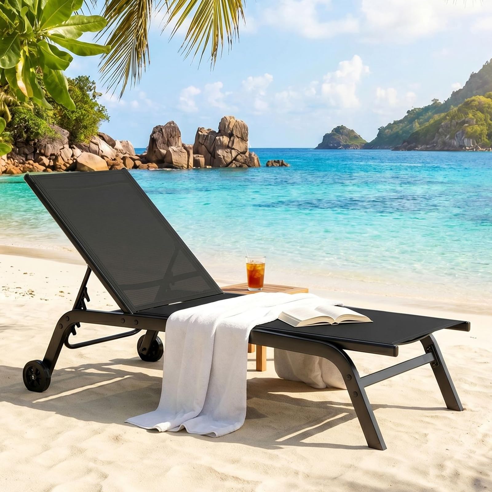LIFERUN Sonnenliege mit Rollen, Gartenliege 2er Set, wetterfeste, 5-Fach Verstellbarer Rückenlehne, Outdoor Liegestuhl, Relaxliege bis 120kg belastbar, für Garten, Poolbereich, Balkon, Schwarz