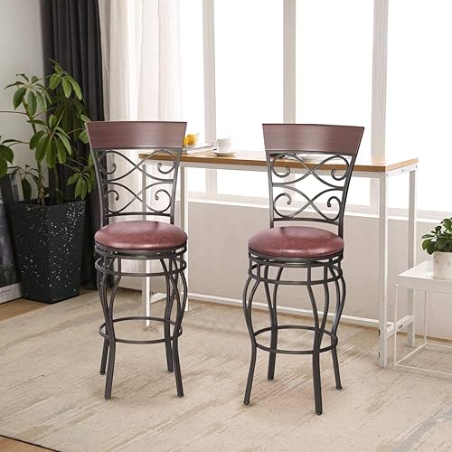 Miniatura 4 de WATERJOY Juego de 2 sillas de bar retro, 360 grados, giratorias, acolchadas, sillas de cuero, asiento de bistró, comedor, cocina, pub, sillas de