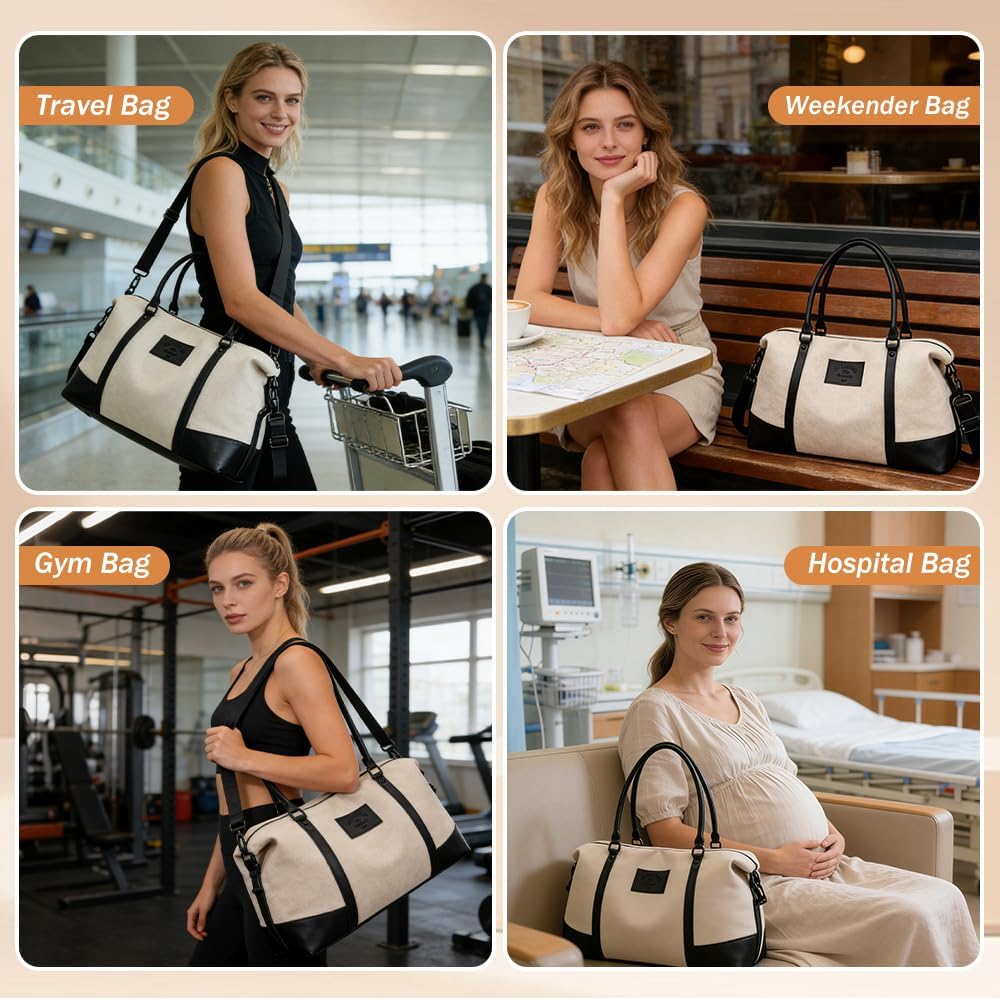 Travel Duffle Bag for Women, Canvas Carry On Weekender Overnight Bags with Wet Pocket, Gym Tote Bag for Business Trip Sports (Beige Black) - Image 8