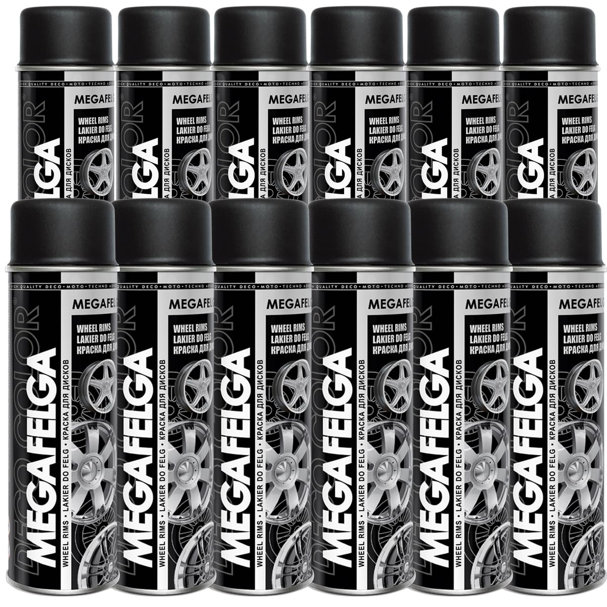 DECO COLOR 12er Sparpack MEGAFELGA 500ml - Felgenlack - Lackspray für Alufelgen und Stahlfelgen (12 Dosen 500ml Felgenlack Schwarz Matt)