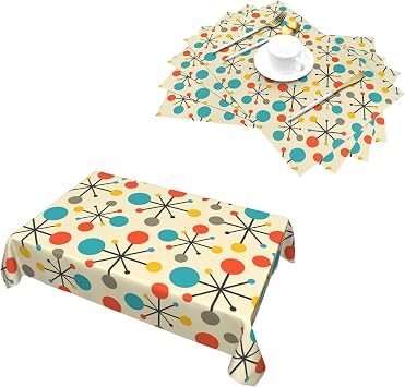 Mid Century Fifties Modern Atomic Retro Placemats 12"x18" Set of 4 Yellow Rectangle 54"x72" Table Cloth for Parties Picnic Bbqs Farmhouse Holiday Kitchen Dining Room Decor