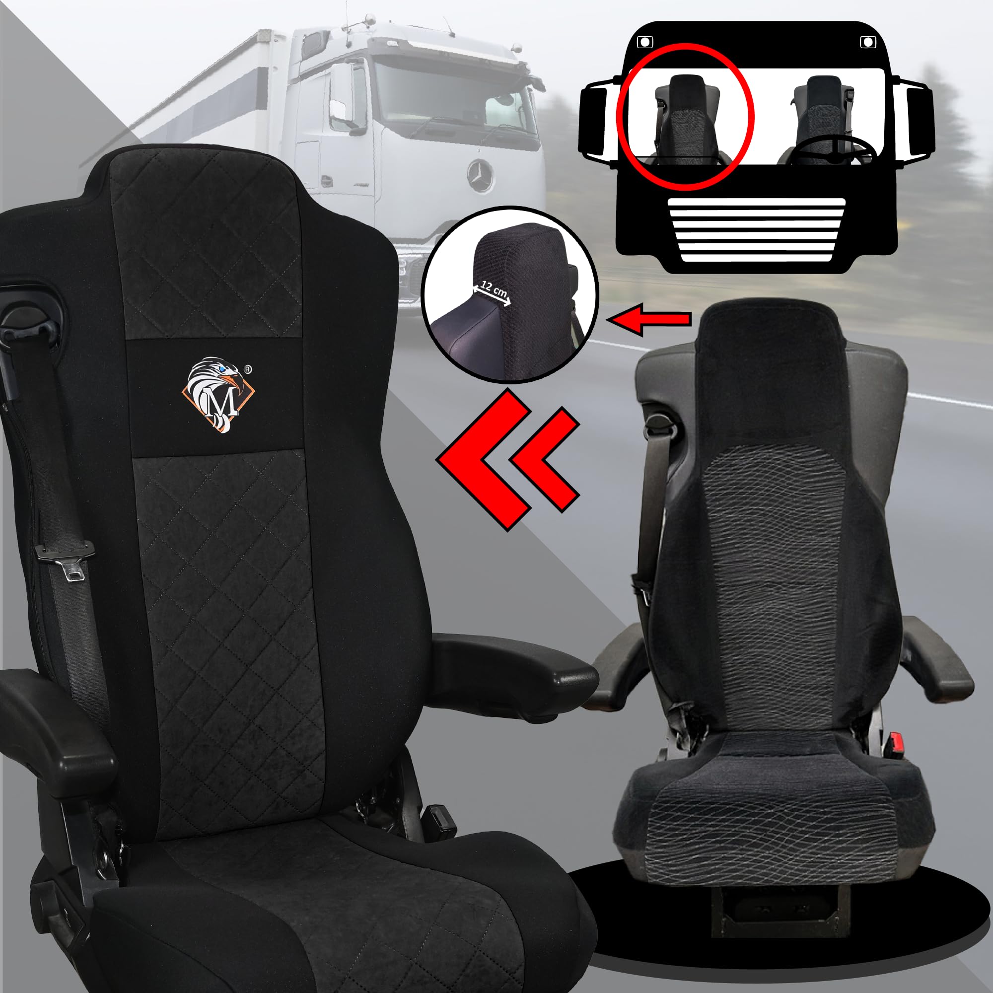 SABA Funda de Asiento para Mercedes ACTROS L de 2022, 2 Cinturones de Seguridad, Asientos de avión, Asiento de Pasajero sin suspensión Negro Accesorios de protección para Asientos de Camiones