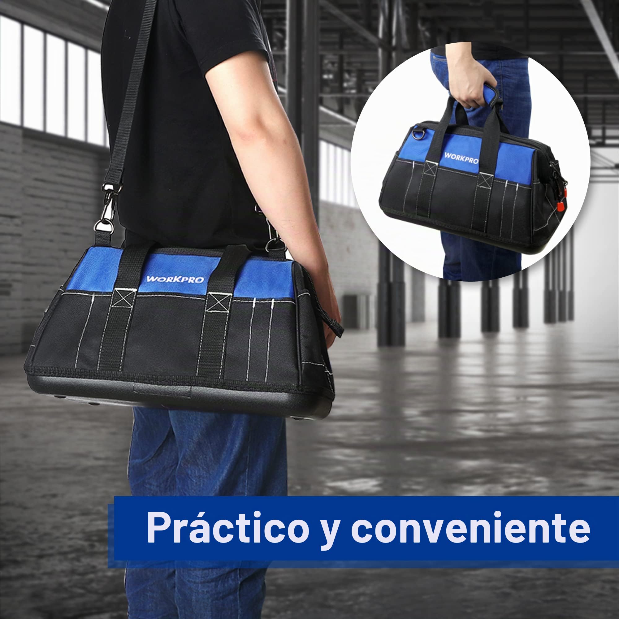 WORKPRO Bolsa de Herramientas 40 * 22 * 26cm, con Boca Ancha, Bolsa Portaherramientas, con Base de Plástico Rígida, Carga Máxima 15kg