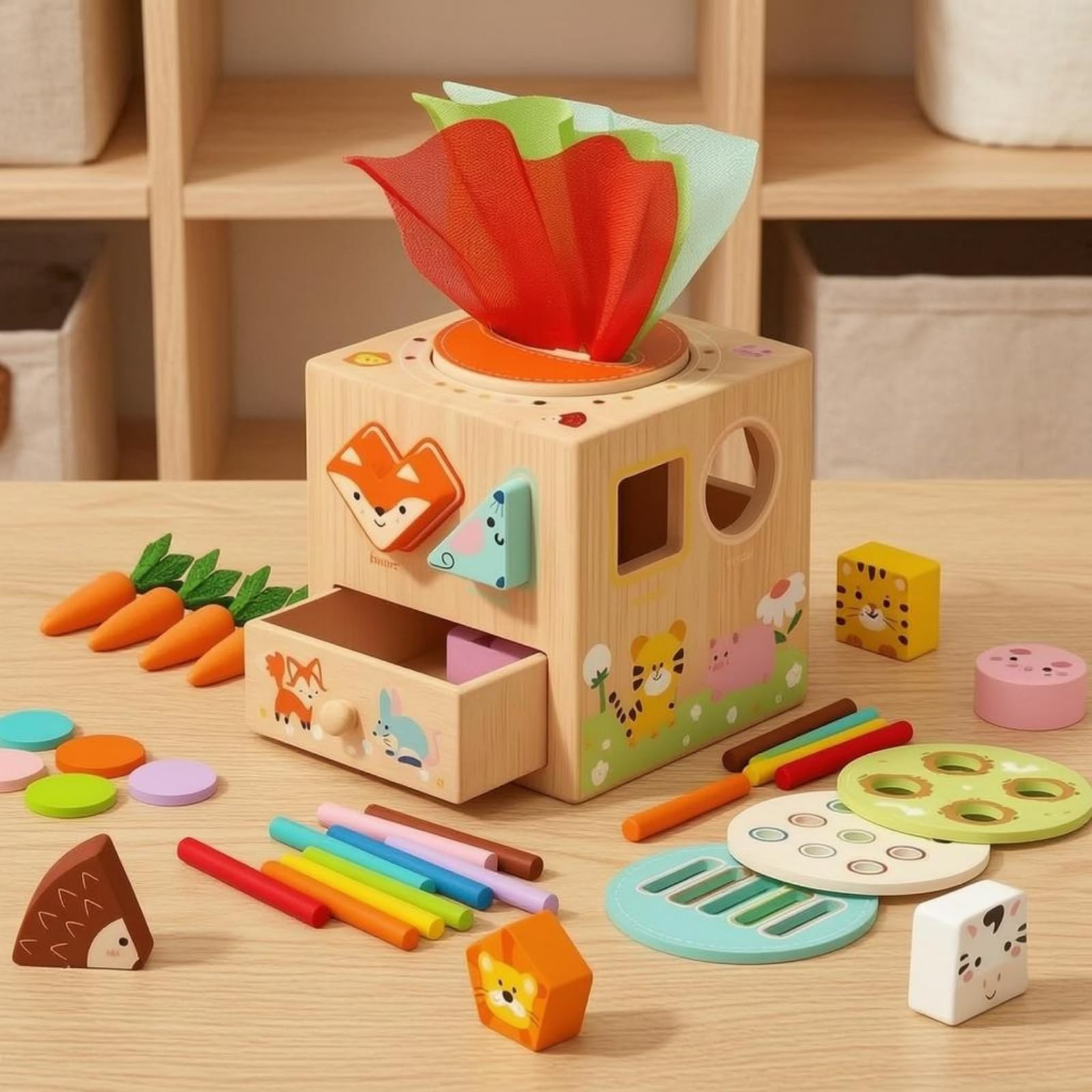 Qianly Cubo attività Educativo Apprendimento Precoce Cubo Multiattività in Legno Coordinazione Occhio-Mano Classificatore di Forme in Legno
