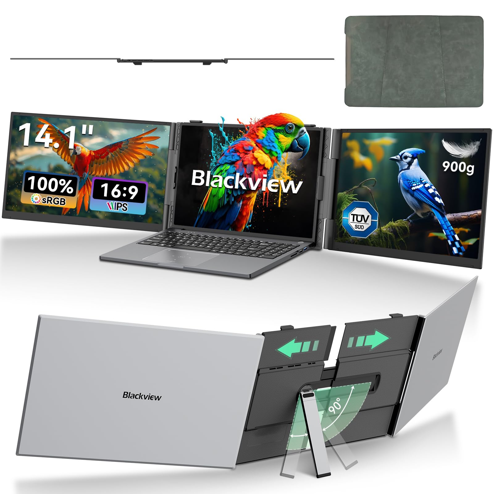 Blackview DCM6 14" Triple Laptop Screen, 0.17" Ultra-Thin, 1080P FHD Portable Monitor Eye protection, Travel for 13-17.3'' Laptop, Plug Play Compatible with Windows/Mac/Chrome OS