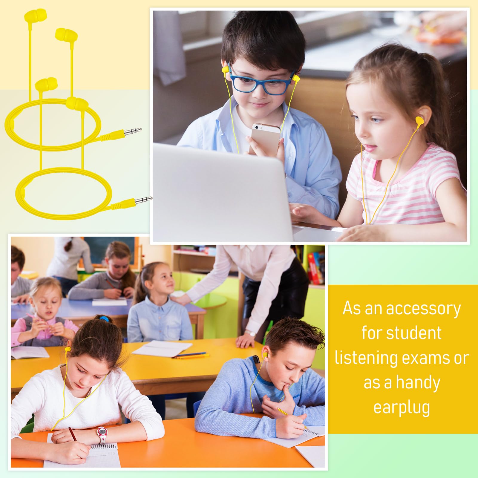 Confezione da 200 auricolari per bambini, 3,5 mm, per studenti, colori assortiti, auricolari cablati senza microfono, per scuole, aule, studenti, confezionati singolarmente (giallo)