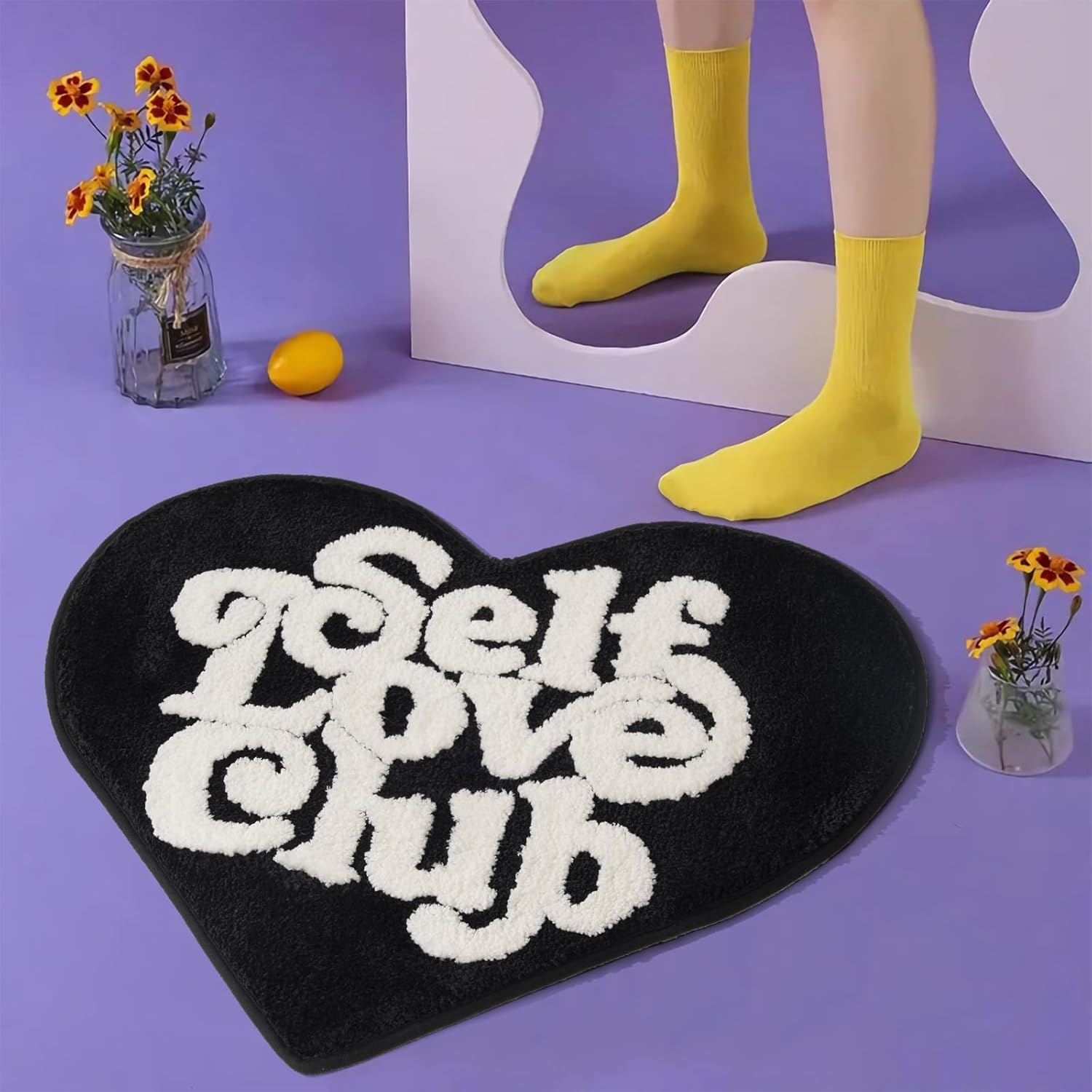 ELDONE Self Love Club Rug Heart Shaped - Cute Bath Mat Non Slip, Funky Aesthetic Groovy Small Accent Rugs for Bedroom Bathroom, Girls Preppy Room Decor, Black and White Heart Rug 28"x23"