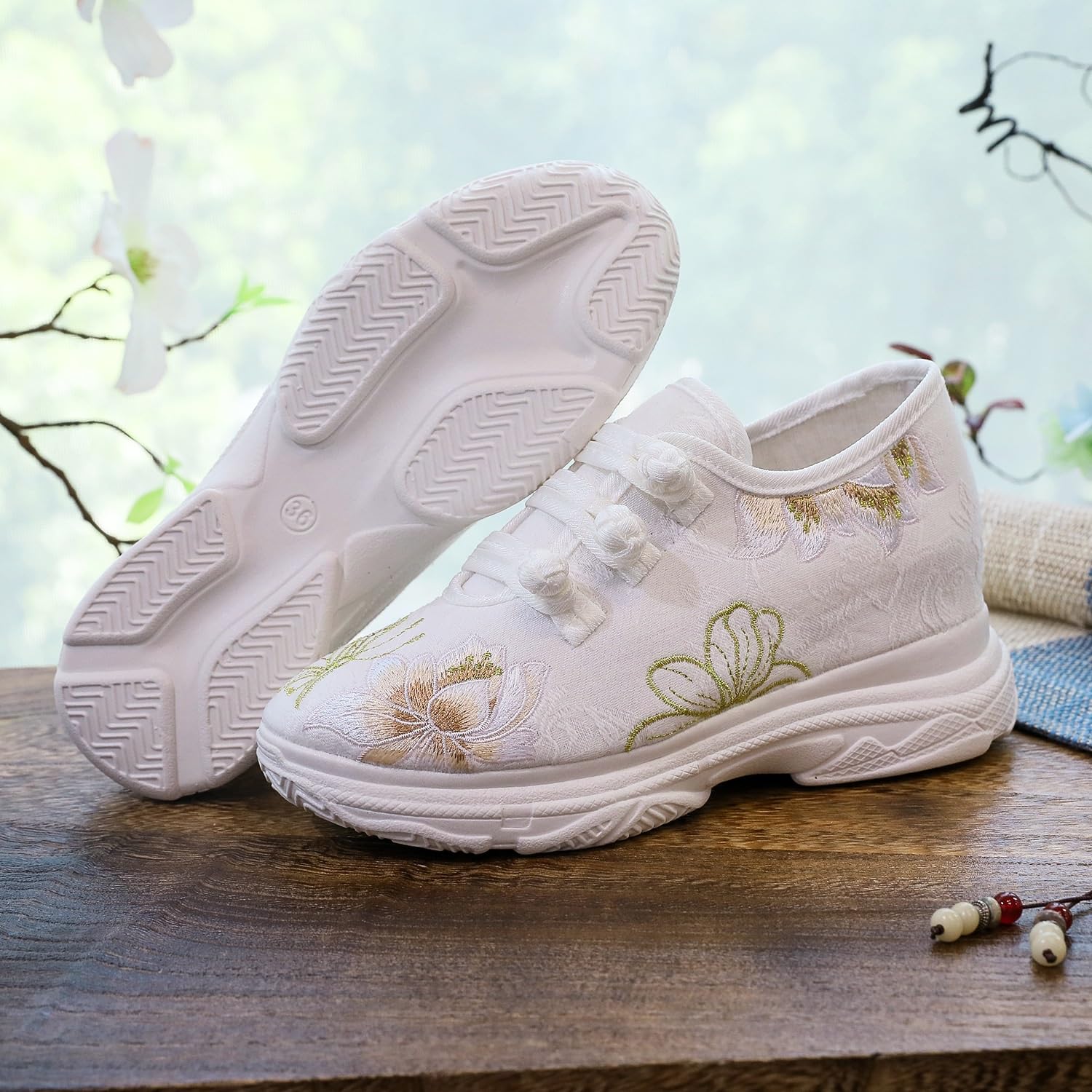 Damskie, Modne, Platformowe Trampki Na Koturnie Z Haftowanym Motywem Kwiatowym Wygodne Buty Do Chodzenia Z Ukrytym Obcasem Shoes Cheongsam W Stylu Chińskim Obuwie Na Co Dzień(White,41 EU)
